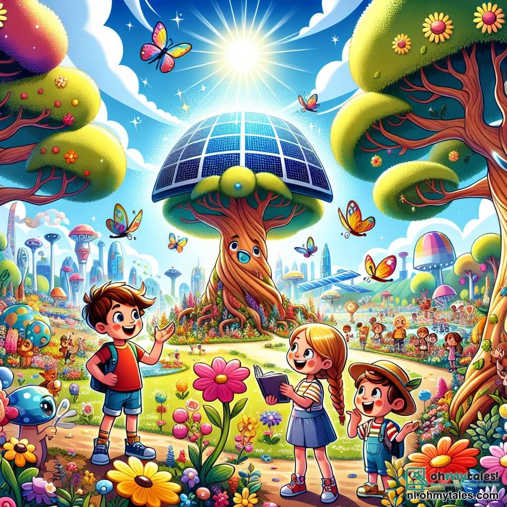 Illustratie van een futuristisch park in de stad Glimluchthaven, waar bomen met kleurrijke stammen en zingende bloemen bloeien onder een stralende blauwe lucht. In het midden schittert een groot zonnepaneel, omringd door groepen glimlachende mensen. Drie kinderen vallen op: een vijfjarig jongetje met wild bruin haar, gekleed in een rode t-shirt en een blauwe short, dat verwonderd naar een pratende boom kijkt. Naast hem staat een vijfjarig meisje met lange blonde vlechten, gekleed in een gele jurk met stippen, dat vrolijk glimlacht terwijl ze naar de boom luistert. Ten slotte maakt een ander vijfjarig jongetje, met een strohoed en een gestreepte shirt, aantekeningen in een klein notitieboekje, gefascineerd door de adviezen van de boom. De scène toont de kinderen die leren hoe ze de natuur kunnen beschermen met zonne-energie, omringd door gelach en levendige kleuren. Op de achtergrond glijden vliegende voertuigen door de lucht, wat een vleugje futuristische magie toevoegt. Kleurrijke vogels vliegen vrolijk om hen heen en creëren een sfeer van ontdekking en avontuur.