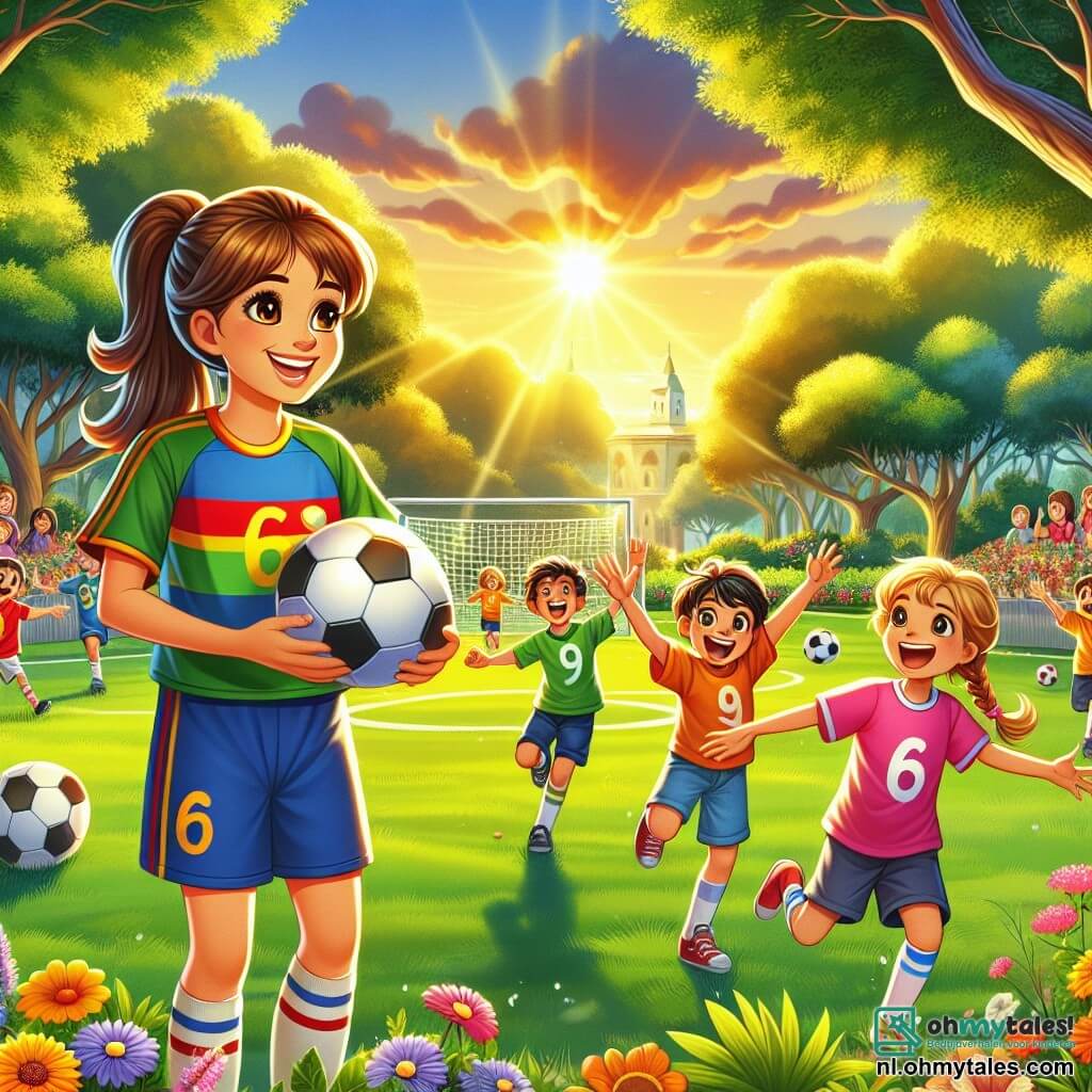 Illustratie van een groen park, verlicht door het gouden licht van de ondergang. In het midden een grasvoetbalveld, omringd door kleurrijke bloemen en majestueuze bomen, waar kinderen lachen en spelen. De hoofdpersoon is een vrouw, een voormalige voetbalspeelster, met bruin haar in een paardenstaart. Ze draagt een kleurrijk voetbalshirt en shorts, en ze laat de kinderen zien hoe ze met een grote glimlach op hun gezicht de bal moeten dribbelen. Onder de nevenpersonages rent een jongen van ongeveer 10 jaar met messy blond haar achter de bal aan, terwijl een 9-jarig meisje met vlechten en een roze shirt haar armen in de lucht steekt om een doelpunt te vieren dat ze net heeft gescoord. De hoofdscène toont de opwinding en vreugde van een voetbaltraining, waar de kinderen samen leren en plezier hebben, aangemoedigd door hun coach. Op de achtergrond applaudisseren en moedigen toeschouwers, zoals ouders en andere kinderen, het team aan, wat een feestelijke en warme sfeer creëert.