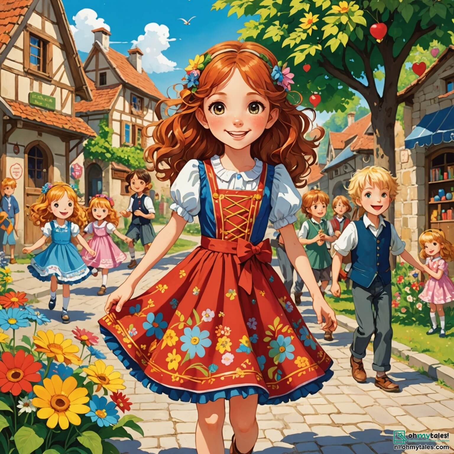 Une illustration destinée aux enfants représentant une jeune fille pétillante aux cheveux châtains enjoués, parée d'une robe colorée ornée de fleurs éclatantes, qui se trouve au cœur d'un village ensoleillé où les rues sont animées par des rires d'enfants et des musiciens joyeux, tandis qu'elle s'apprête à vivre une journée magique de carnaval, entourée de son meilleur ami, un garçon à la chevelure blonde bouclée, qui rêve de devenir un flamboyant oiseau du paradis, et d'une foule de villageois souriants, tous vêtus de costumes chatoyants, dans un décor où des guirlandes de couleurs vives flottent dans l'air, des stands de friandises sucrées embaument l'atmosphère, et des ballons multicolores dansent au gré du vent, créant une ambiance festive et enjouée.