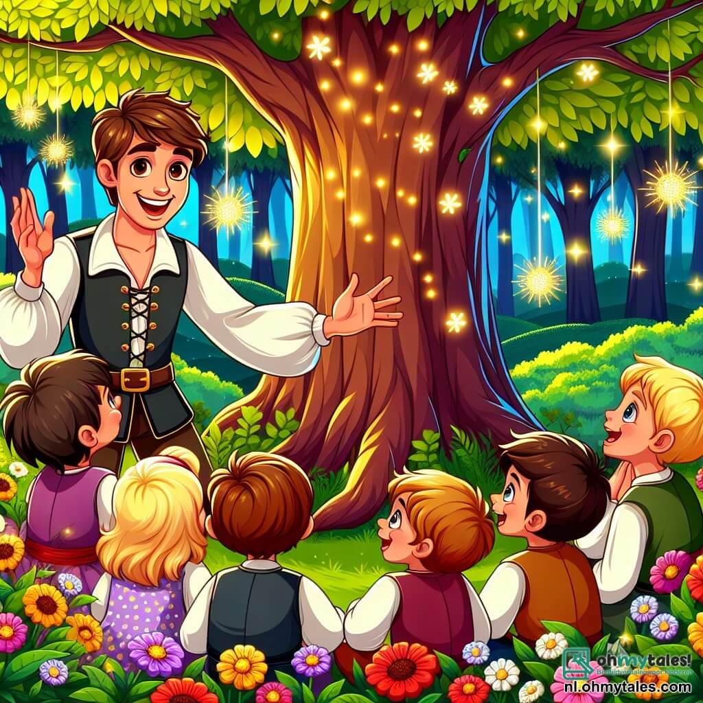Une illustration sous forme de dessin destinée aux enfants représentant une clairière enchantée dans une forêt magique, où un homme au visage souriant, aux cheveux bruns et à la barbe bien taillée, se tient devant une majestueuse arbre aux feuilles dorées, tandis que des enfants aux cheveux blonds et bruns, joyeux et curieux, l'entourent en écoutant attentivement ses histoires sur la magie de l'amitié et du bonheur, avec des fleurs colorées et des lucioles illuminant la scène, créant une atmosphère chaleureuse et féerique.