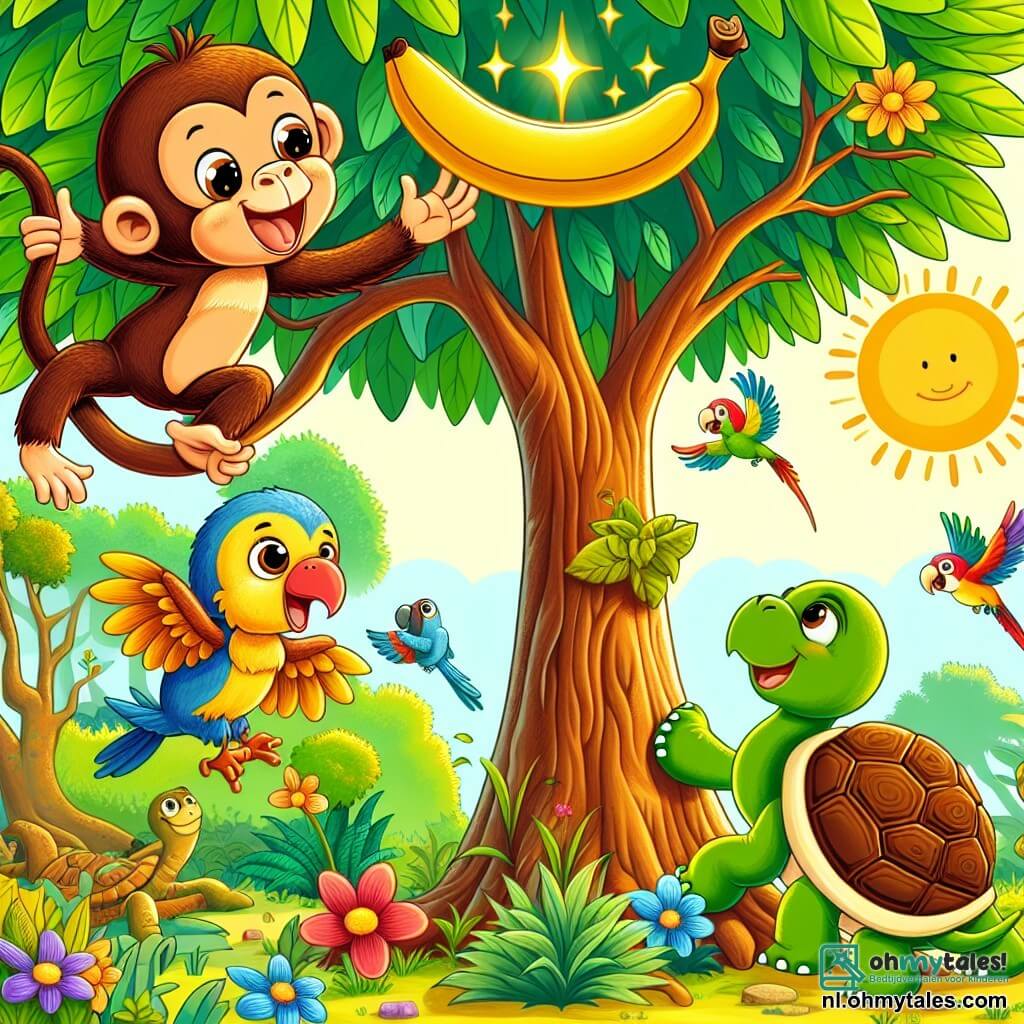 Une illustration sous forme de dessin destinée aux enfants représentant une grande bananier majestueux au cœur d'une forêt ensoleillée, avec un singe espiègle aux poils bruns et aux yeux pétillants, grimpant joyeusement à ses branches tout en tenant une banane dans ses mains, tandis qu'une tortue sage au dos vert et une papaye colorée aux plumes vives volent autour de lui, tous célébrant leur amitié et la découverte d'une banane magique qui brille au sommet de l'arbre, entourés de rires et d'une ambiance festive.