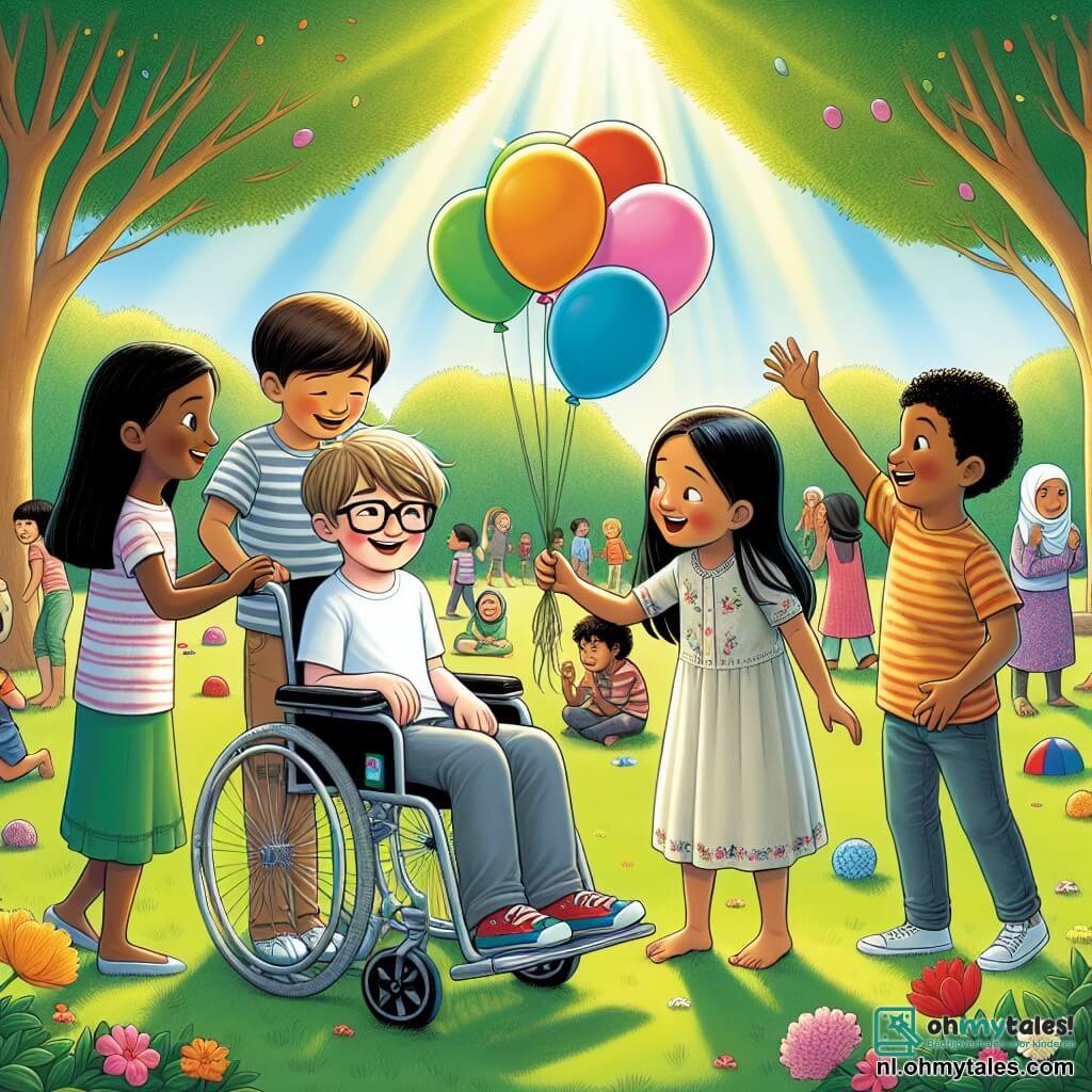 Illustratie van een scène in een zonnig park, omgeven door groene bomen en kleurrijke bloemen. In het midden een groep van vier kinderen: twee jongens en een meisje, allemaal ongeveer negen jaar oud. De eerste jongen, met bruin haar en een bril, zit in een rolstoel en glimlacht vrolijk. De tweede jongen, met blond haar en een lichte huid, staat naast hem en laat hem een glanzend voorwerp zien dat hij in zijn hand heeft. Het meisje, met zwart haar en een donkere huid, draagt een eenvoudige jurk en heeft een grote glimlach op haar gezicht terwijl ze de jongens bewonderend aankijkt. Op de achtergrond spelen andere kinderen samen, wat de geest van kameraadschap en acceptatie illustreert. De scène straalt vreugde en tolerantie uit, met kleurrijke ballonnen die in de lucht zweven en lachgeluiden die weerklinken. Zonnestralen filteren door de bladeren van de bomen, wat een warme en gastvrije sfeer creëert.