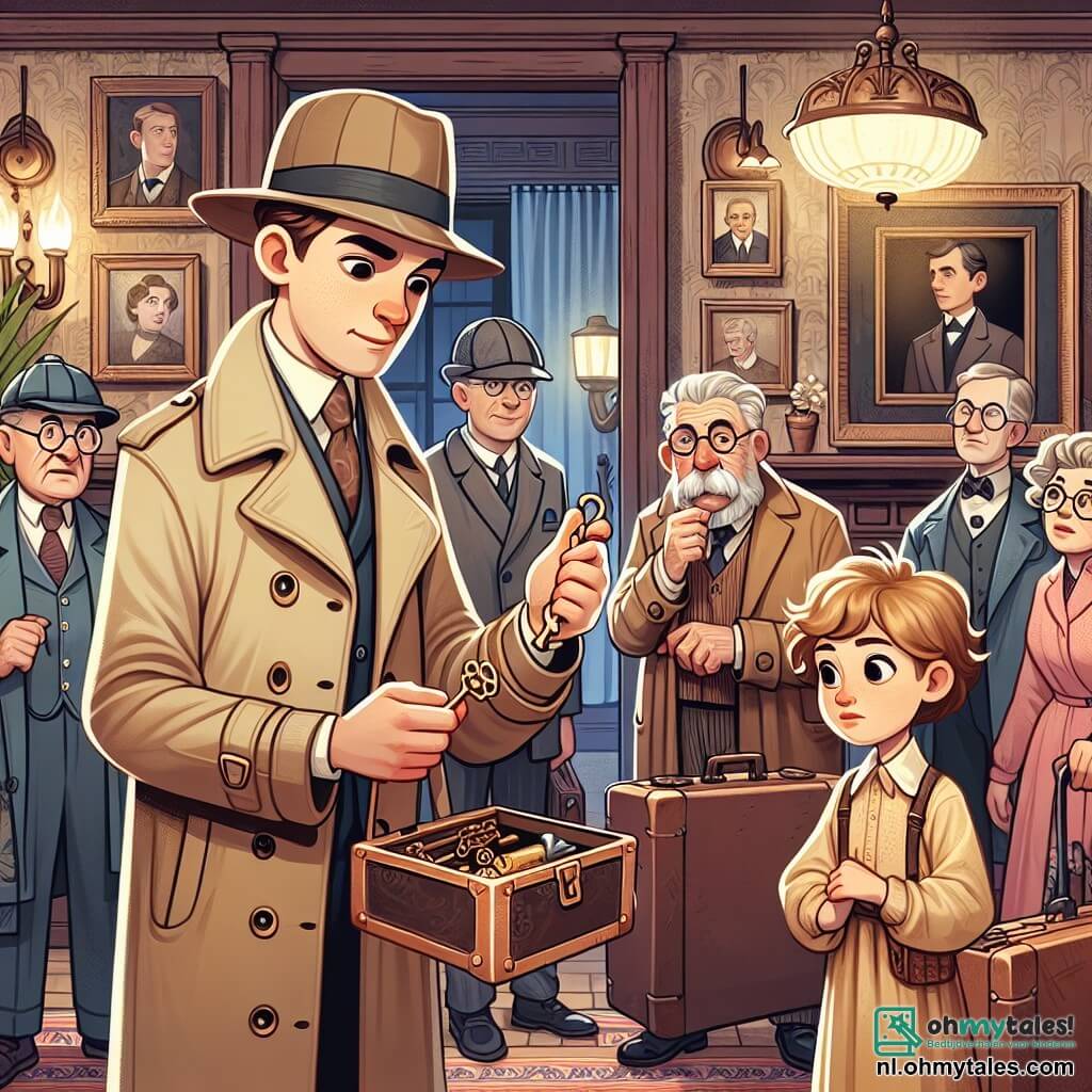 Une illustration sous forme de dessin destinée aux enfants représentant l'intérieur d'un vieux et mystérieux hôtel avec des murs ornés de portraits anciens, où un homme de moyenne stature, portant un trench-coat beige et un chapeau de détective, examine attentivement une clé brillante qu'il tient dans sa main, tandis qu'une jeune femme aux cheveux longs et bouclés, vêtue d'une robe vintage, l'observe avec curiosité, et un homme âgé aux lunettes rondes, en train de faire ses bagages, jette un regard intrigué vers eux, alors qu'ils tentent de résoudre le mystère de la clé disparue dans une ambiance de suspense et d'aventure.