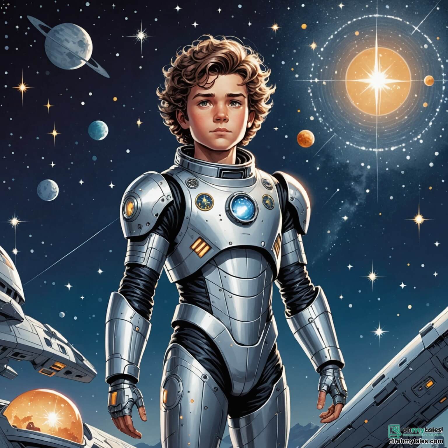 Une illustration destinée aux enfants représentant un homme intrépide aux cheveux ébouriffés et aux yeux pétillants d'étoiles, vêtu d'une combinaison spatiale argentée scintillante, se tenant fier et déterminé devant son vaisseau spatial flamboyant, la "Sterrenjager", qui brille sous un ciel nocturne parsemé de constellations étincelantes, tandis qu'à ses côtés, une robot fille aux formes douces et aux lumières clignotantes, dotée d'une voix mélodieuse et d'un cœur bienveillant, l'encourage à entreprendre une aventure audacieuse à la recherche d'une nouvelle planète habitable, dans un univers vaste et mystérieux où les couleurs des nébuleuses dansent comme des feux d'artifice, et où chaque étoile semble murmurer des secrets d'anciens voyageurs.