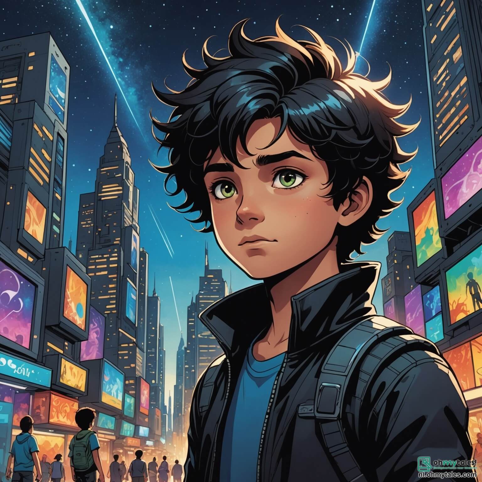 Une illustration destinée aux enfants représentant un garçon aux yeux pétillants de curiosité et aux cheveux noirs comme la nuit, se tenant courageusement au cœur d'une ville futuriste nommée Zyloria, où des bâtiments scintillants en métal aux couleurs de l'arc-en-ciel s'élèvent vers un ciel étoilé, tandis qu'il rêve de devenir un héros capable de combattre la mystérieuse ombre menaçante qui plane sur sa ville, accompagné de son meilleur ami, un garçon aux cheveux blonds espiègles, et d'une fille aux tresses dorées qui peut communiquer avec les plantes, tous unis dans leur quête pour restaurer la lumière des étoiles et vaincre la sombre entité qui aspire à engloutir leur monde magique.