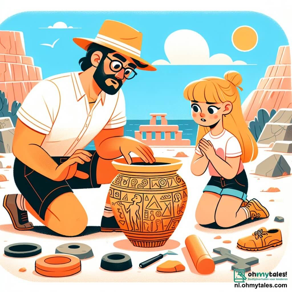 Une illustration sous forme de dessin destinée aux enfants représentant un site archéologique ensoleillé en Grèce, avec un homme aux cheveux bruns et aux lunettes, vêtu d'une chemise à manches courtes et d'un chapeau de paille, qui s'agenouille pour examiner un morceau de poterie ancienne, tandis qu'une jeune fille aux cheveux blonds, portant un t-shirt et un short, observe avec curiosité un grand bloc de pierre orné de symboles mystérieux, le tout baigné dans une atmosphère d'excitation et de découverte, entouré de fouilles et d'outils archéologiques.