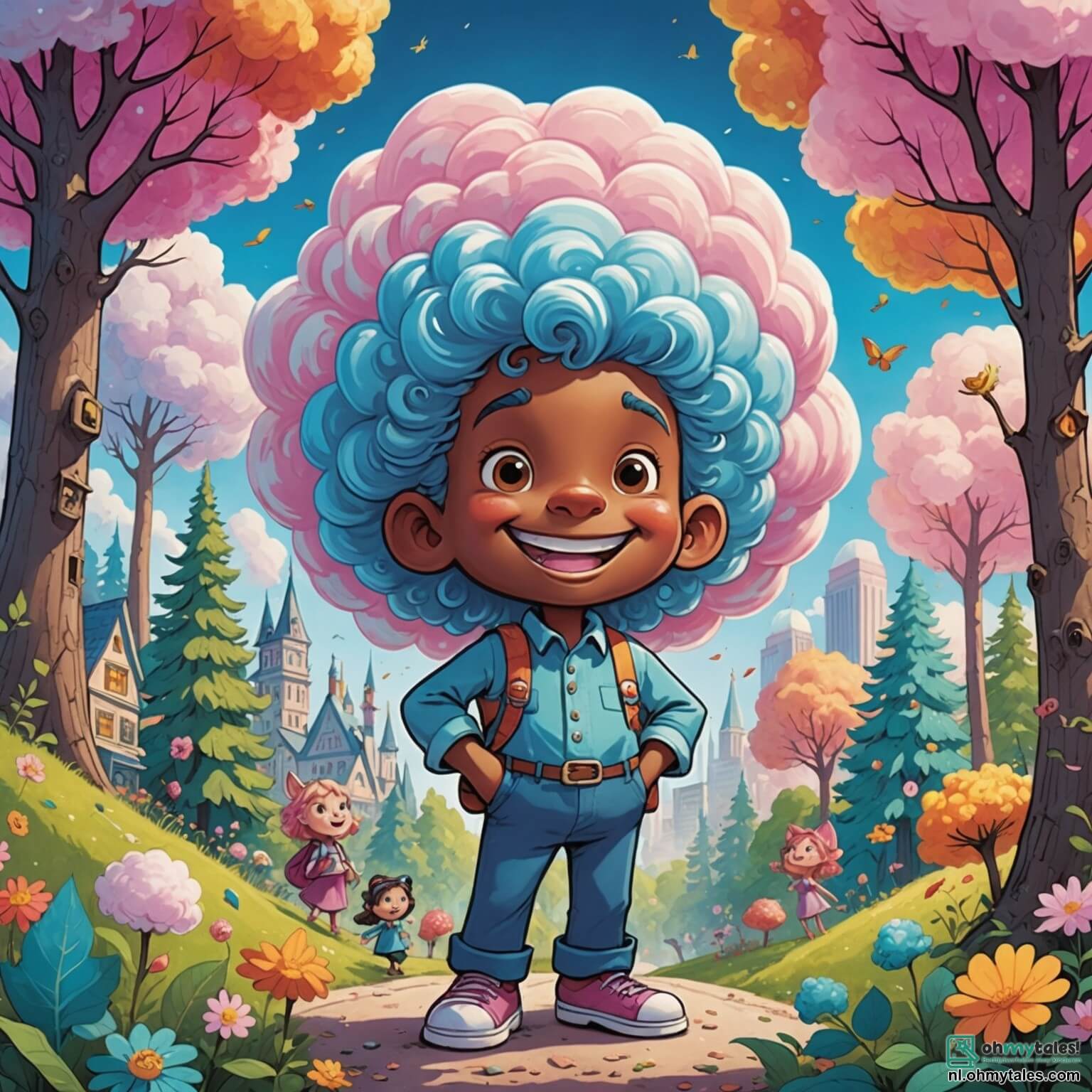 Une illustration destinée aux enfants représentant un géant au sourire éclatant, avec des cheveux en bataille comme des nuages de barbe à papa, se tenant au milieu d'une forêt enchantée où les arbres, hauts comme des immeubles, sont ornés de feuilles scintillantes et de fleurs aux couleurs vives, tandis qu'un groupe de petites créatures rigolotes, des Flonkers aux corps moelleux et aux yeux pétillants, s'affairent autour de lui, tentant de l'aider à résoudre le mystère des légumes géants qui envahissent leur jardin magique, le tout baigné dans une lumière dorée qui filtre à travers les branches, créant une atmosphère de joie et d'amitié.