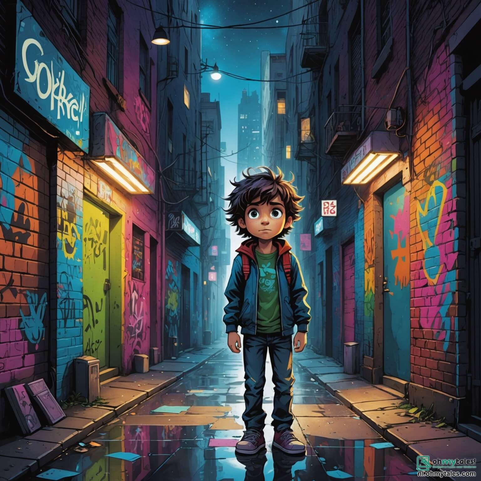 Une illustration destinée aux enfants représentant un garçon aux yeux pétillants de curiosité, dont les cheveux ébouriffés semblent capturer la lumière des néons vibrants de la ville, se tenant au milieu d'une ruelle sombre et humide, où les murs sont couverts de graffitis colorés racontant des histoires oubliées, tandis qu'une mystérieuse créature aux ailes scintillantes, à la peau bleuâtre et aux grands yeux brillants, l'accompagne dans sa quête pour retrouver trois clés magiques afin de stopper un sinistre magicien qui menace de plonger leur monde dans l'obscurité, le tout se déroulant dans une métropole où la magie et la technologie s'entrelacent, créant un paysage fascinant de bâtiments imposants, de ruelles étroites et de lumières dansantes.