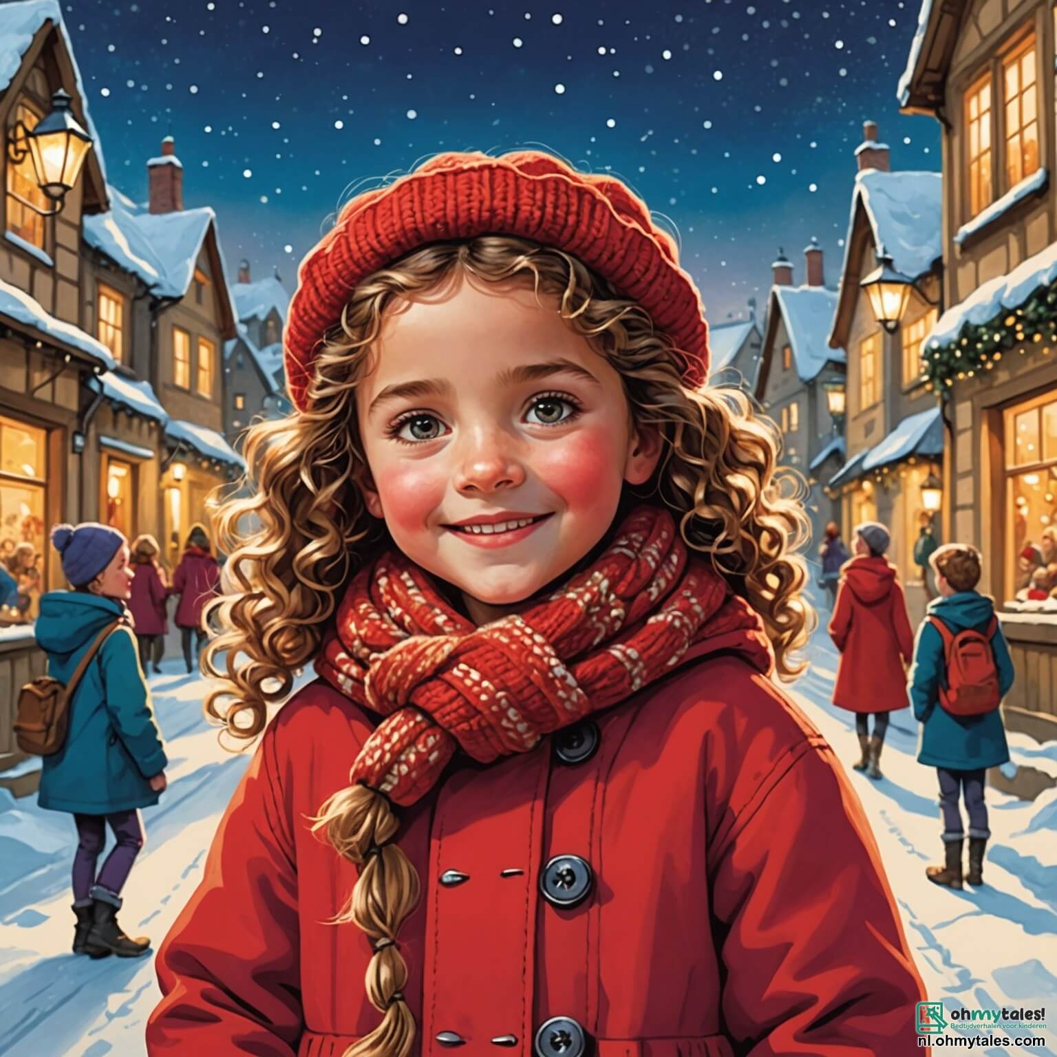 Une illustration destinée aux enfants représentant une petite fille aux yeux pétillants et aux cheveux bouclés, vêtue d'un manteau rouge vif et d'une écharpe tricotée à la main, se tenant joyeusement dans un village enchanteur où la neige scintille comme des diamants sous la lumière des lampadaires, entourée de ses amis, un garçon espiègle au sourire éclatant et une petite fille aux tresses dorées, alors qu'ils s'affairent à construire une immense neigeux bonhomme de neige, tout en attendant avec impatience la visite du mystérieux et joyeux personnage à la barbe blanche qui apporte des cadeaux, le tout se déroulant dans un décor féerique de maisons en bois ornées de guirlandes lumineuses, de sapins décorés et de flocons de neige tombant doucement du ciel étoilé.