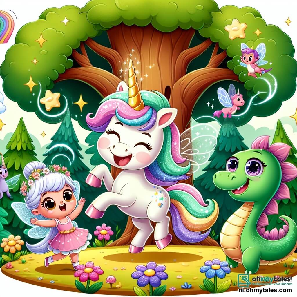 Une illustration sous forme de dessin destinée aux enfants représentant une scène enchantée sous une grande et joyeuse arbre souriant, où une magnifique licorne aux crins scintillants de toutes les couleurs, avec une corne dorée étincelante, danse joyeusement en tournoyant, entourée de ses amis : une petite fée aux ailes brillantes et un dragon vert aux yeux pétillants qui souffle des ronds de fumée, tous célébrant ensemble un concert magique dans la forêt, avec des fleurs colorées et des animaux curieux les regardant, créant une atmosphère de joie et d'amitié.