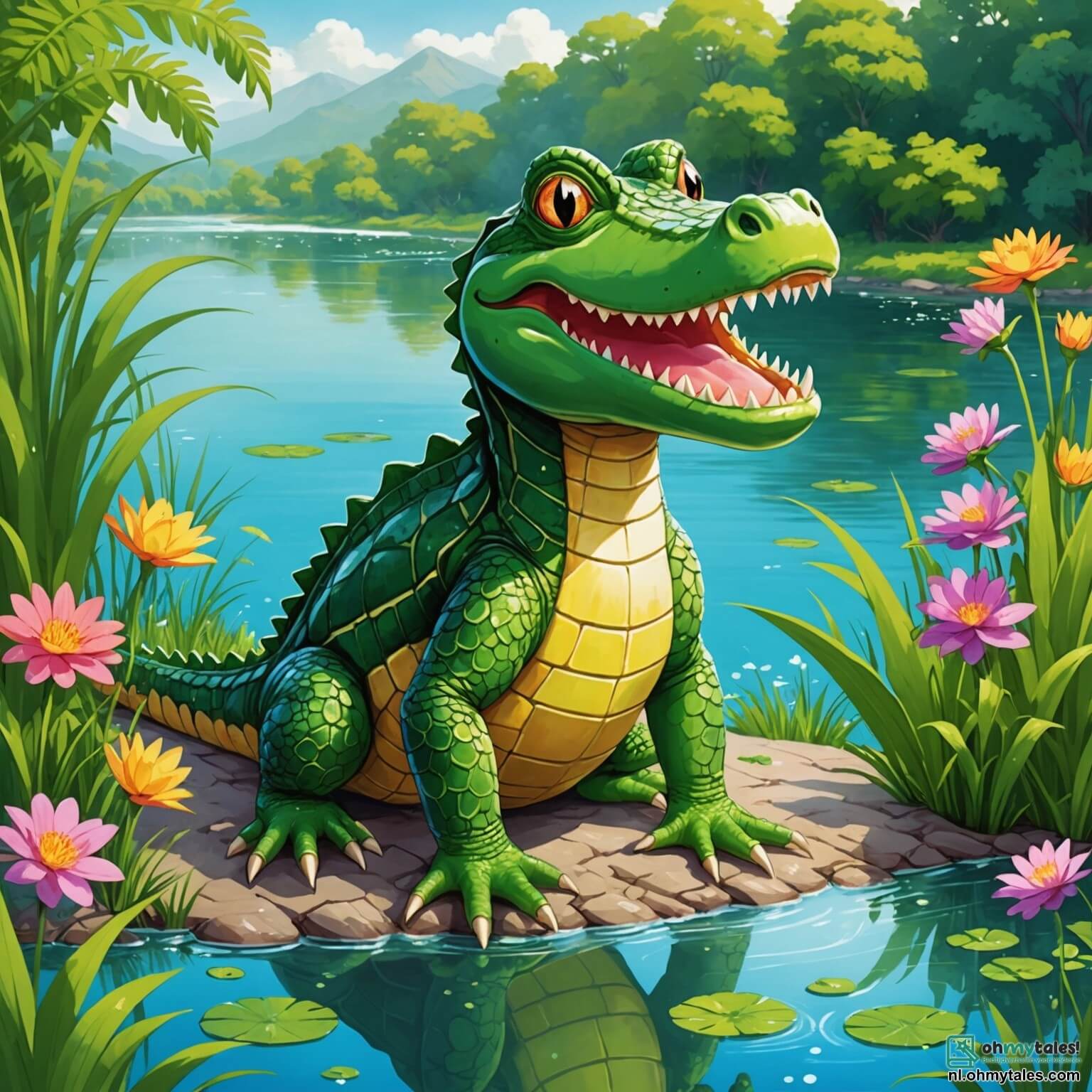 Une illustration destinée aux enfants représentant un crocodile aux écailles scintillantes comme des émeraudes, aux yeux pétillants de curiosité et de rêve, se tenant sur la berge d'une rivière étincelante, entourée de hautes herbes verdoyantes et de fleurs colorées qui dansent au gré du vent, tandis qu'il aspire à explorer le vaste monde au-delà de son paisible habitat, accompagné d'une joyeuse grenouille aux couleurs vives et d'une sage tortue au dos orné de motifs naturels, tous trois prêts à vivre des aventures palpitantes dans la forêt enchantée qui borde leur rivière scintillante.