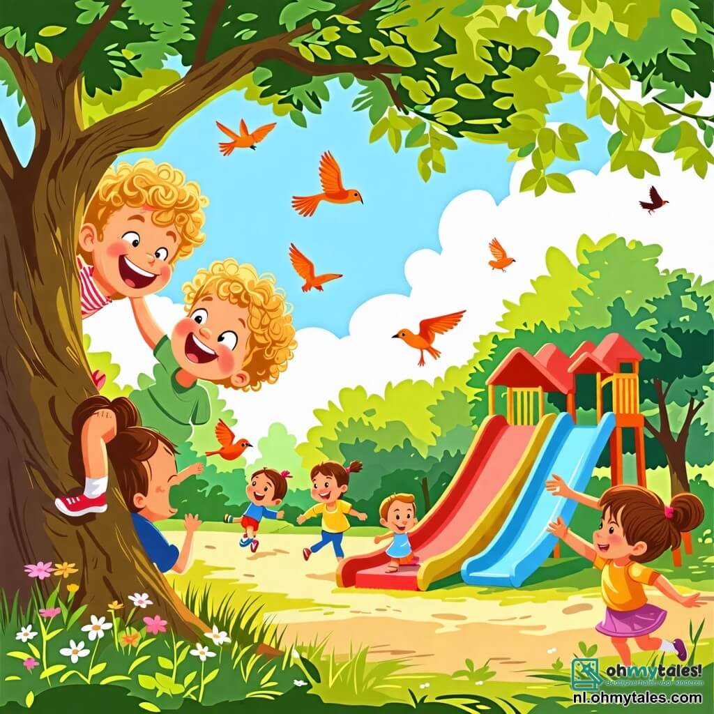 Une illustration sous forme de dessin destinée aux enfants représentant un parc ensoleillé avec de grands arbres verdoyants, un petit garçon de 2 ans aux cheveux blonds et bouclés, souriant et grimpant avec enthousiasme sur une grande branche d'arbre, tandis qu'une maman bienveillante aux cheveux châtains et attachés en chignon, le regarde avec fierté, et des enfants joyeux jouant autour, certains glissant sur une glissière colorée, d'autres courant après des oiseaux, le tout baigné dans une ambiance estivale joyeuse et animée.