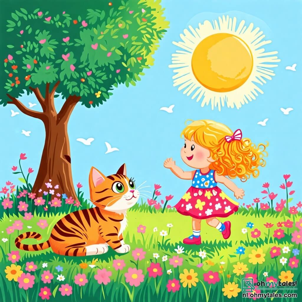 Une illustration sous forme de dessin destinée aux enfants représentant un jardin en pleine floraison au printemps, avec une petite fille de 2 ans aux cheveux bouclés et blonds, portant une robe colorée, qui court joyeusement vers un grand arbre, tandis qu'un chat tigré aux yeux verts, assis sur l'herbe, les observe avec curiosité, le soleil brillant dans un ciel bleu et des fleurs roses et jaunes entourant la scène, capturant l'esprit de l'aventure et de la joie de la saison.