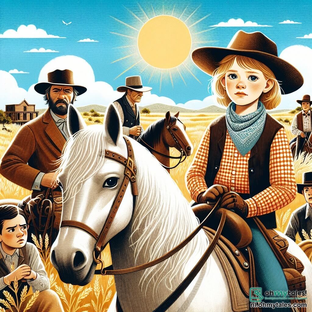 Une illustration sous forme de dessin destinée aux enfants représentant une prairie vaste et ensoleillée de l'Ouest américain, où une jeune cowgirl aux cheveux châtain clair, portant un chapeau de cowboy et une chemise à carreaux, monte fièrement son cheval blanc tout en observant un groupe d'hommes au visage dur, rassemblés autour d'un sac de trésor, alors qu'un jeune garçon aux cheveux blonds, inquiet, se tient à ses côtés, prêt à l'aider à déjouer les plans des voleurs, le tout sous un ciel bleu éclatant parsemé de nuages blancs.