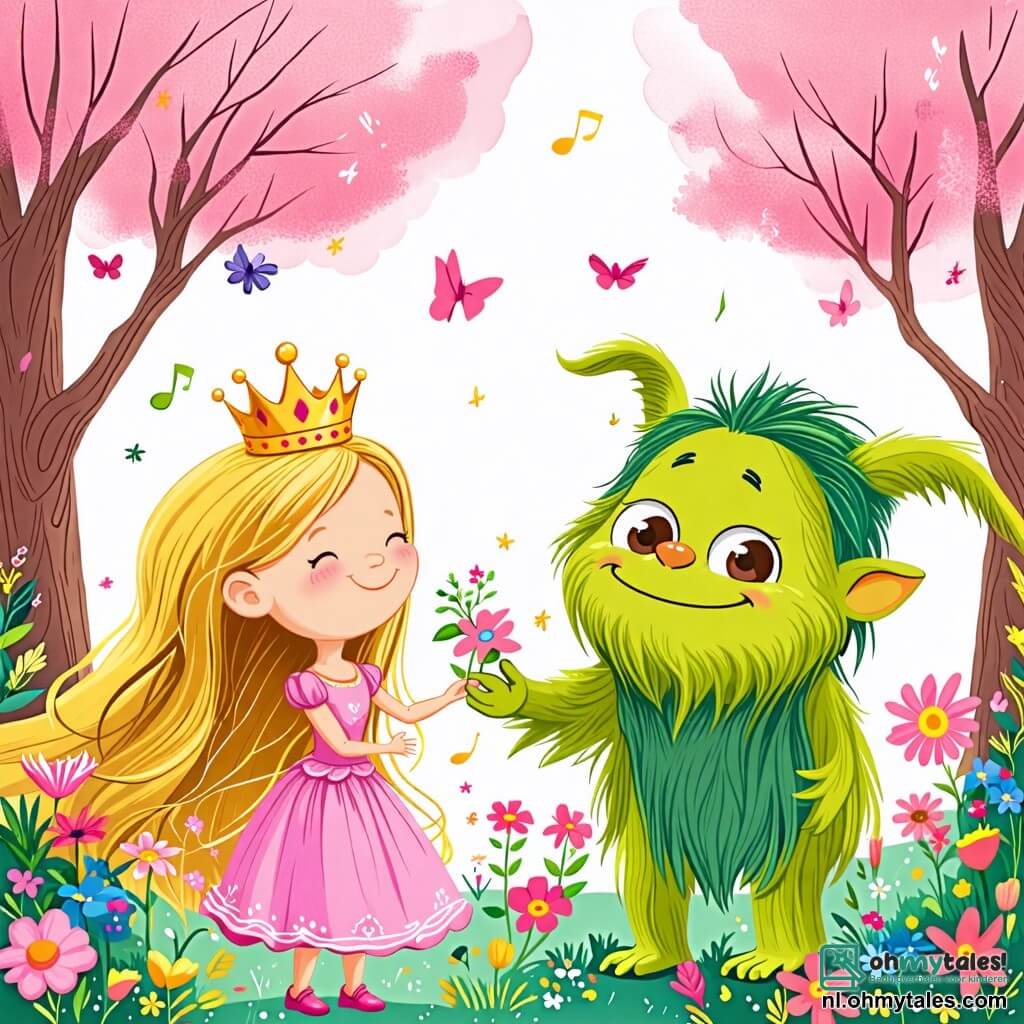 Une illustration sous forme de dessin destinée aux enfants représentant un magnifique jardin enchanté aux arbres roses et aux fleurs chantantes, avec une princesse joyeuse aux cheveux longs et dorés, portant une robe colorée, riant tout en tenant une couronne de fleurs, accompagnée d'un trol amusant, grand et vert, aux yeux ronds et au sourire large, qui essaie de compter les fleurs tout en se trompant, le tout dans une atmosphère de magie et de rires.