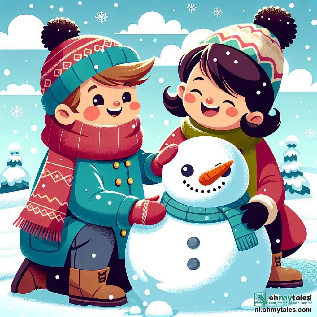 Une illustration sous forme de dessin destinée aux enfants représentant un paysage hivernal magique, avec un garçon de 3 ans aux cheveux blonds et aux joues roses, vêtu d'une chaude veste bleue, d'une écharpe rouge et d'une petite toque, en train de construire une grande neigeuse avec sa maman, une femme souriante aux cheveux bruns, portant un manteau coloré et des gants, tandis qu'un bonhomme de neige avec une carotte pour nez et des yeux en pierre se dresse fièrement à côté d'eux, le tout sous un ciel bleu clair parsemé de flocons de neige tombants, évoquant la joie et l'émerveillement de l'hiver.