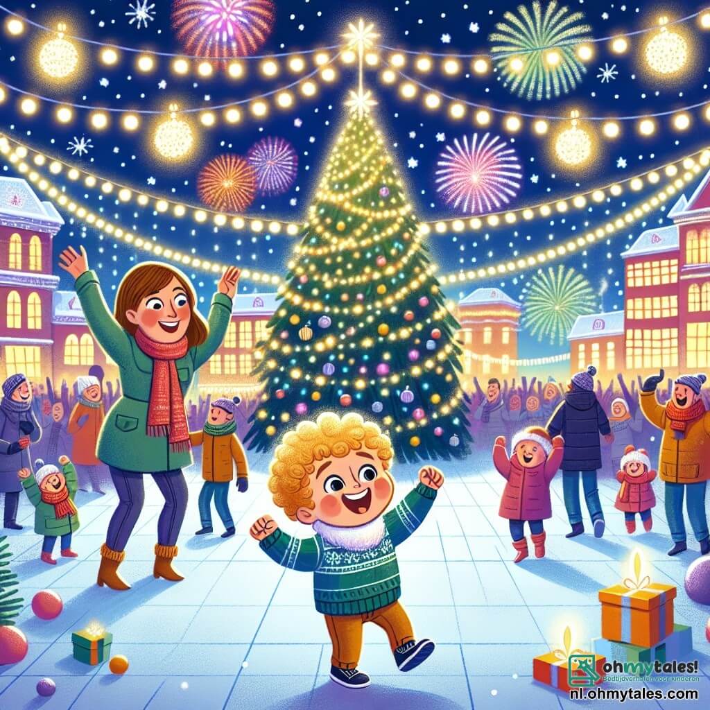 Une illustration sous forme de dessin destinée aux enfants représentant une scène festive sur une place illuminée par des guirlandes de lumière, où un garçon de 3 ans aux cheveux bouclés et aux yeux pétillants danse joyeusement sous un grand sapin de Noël décoré, tandis qu'une femme souriante, sa mère, l'encourage en levant les bras, et des familles autour d'eux admirent le feu d'artifice coloré qui éclate dans le ciel nocturne, créant une atmosphère de joie et de célébration pour le Nouvel An.