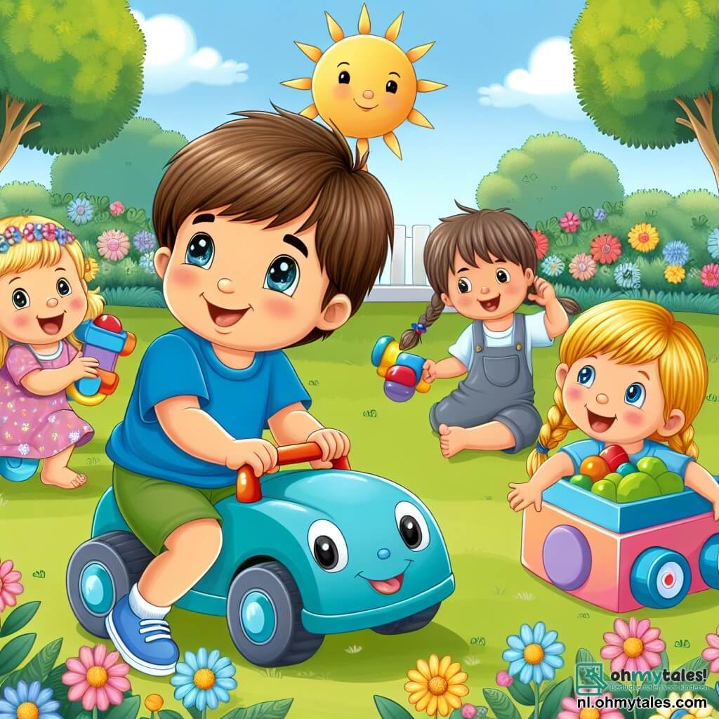 Une illustration sous forme de dessin destinée aux enfants représentant un jardin ensoleillé avec de l'herbe verte et des fleurs colorées, où un garçon de 3 ans aux cheveux bruns et aux yeux pétillants, souriant et portant un t-shirt bleu, pousse une grande voiture bleue en jouant, tandis qu'une fille de 4 ans aux cheveux blonds tressés et un garçon de 3 ans aux cheveux châtains jouent joyeusement à ses côtés, tous trois riant et partageant leurs jouets dans une ambiance d'amitié et d'égalité, illustrant l'importance de jouer ensemble, peu importe le genre.