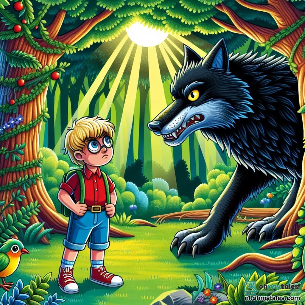 Une illustration sous forme de dessin destinée aux enfants représentant une forêt enchantée, avec de grands arbres aux feuilles vertes éclatantes et des rayons de soleil filtrant à travers le feuillage, au centre un garçon de 7 ans aux cheveux blonds et aux yeux bleus, portant une chemise rouge et un short en denim, qui regarde avec courage un grand loup au pelage noir, aux yeux jaunes perçants, qui se tient devant lui avec une expression à la fois menaçante et curieuse, tandis qu'un petit oiseau coloré se perche sur une branche à proximité, observant la scène avec intérêt, symbolisant le moment où le garçon doit surmonter sa peur pour engager une conversation avec le loup.