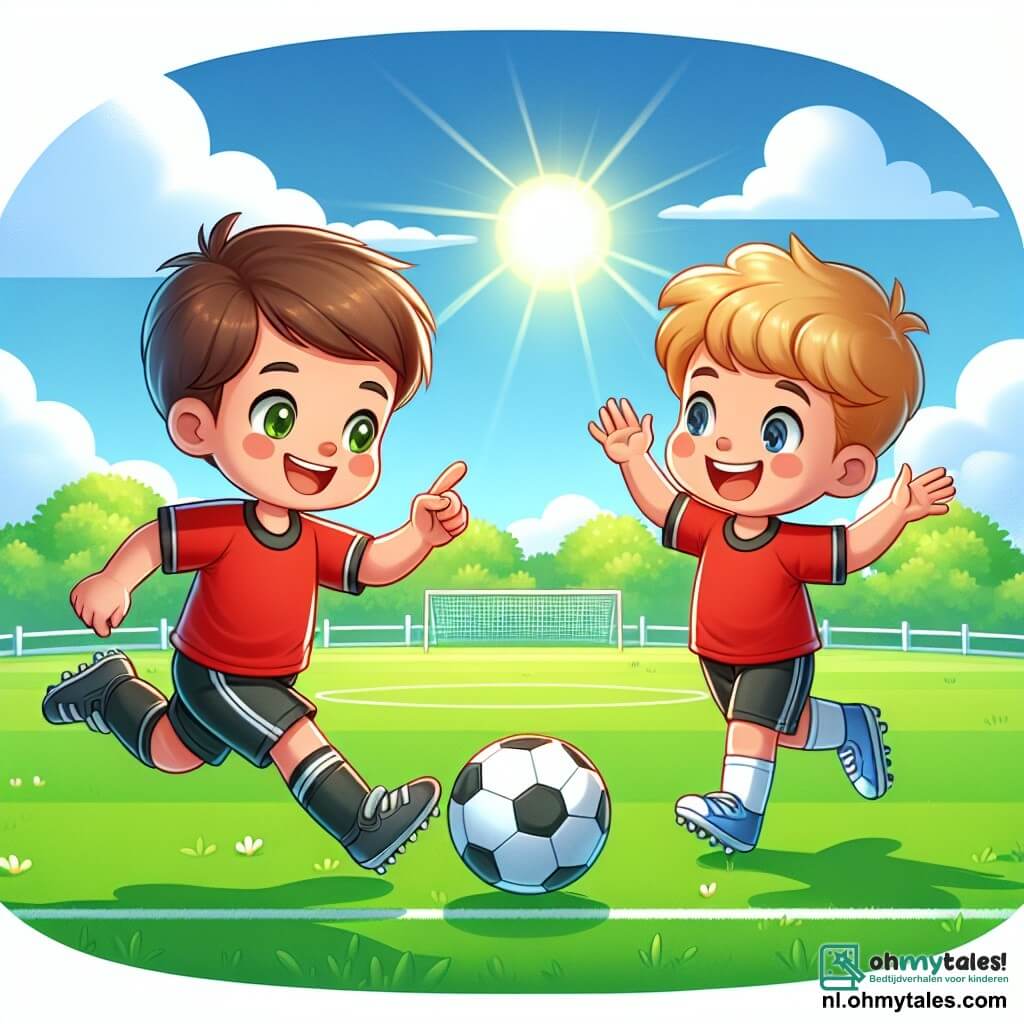 Une illustration sous forme de dessin destinée aux enfants représentant un terrain de football verdoyant sous un ciel bleu ensoleillé, où un jeune garçon aux cheveux bruns et courts, vêtu d'un maillot rouge et de shorts noirs, dribble habilement le ballon avec un grand sourire sur son visage, tandis qu'à ses côtés, son ami, un autre garçon aux cheveux blonds et bouclés, applaudit et encourage son ami avec enthousiasme, capturant l'instant magique où ils s'entraînent ensemble pour réaliser leur rêve de devenir de grands footballeurs.