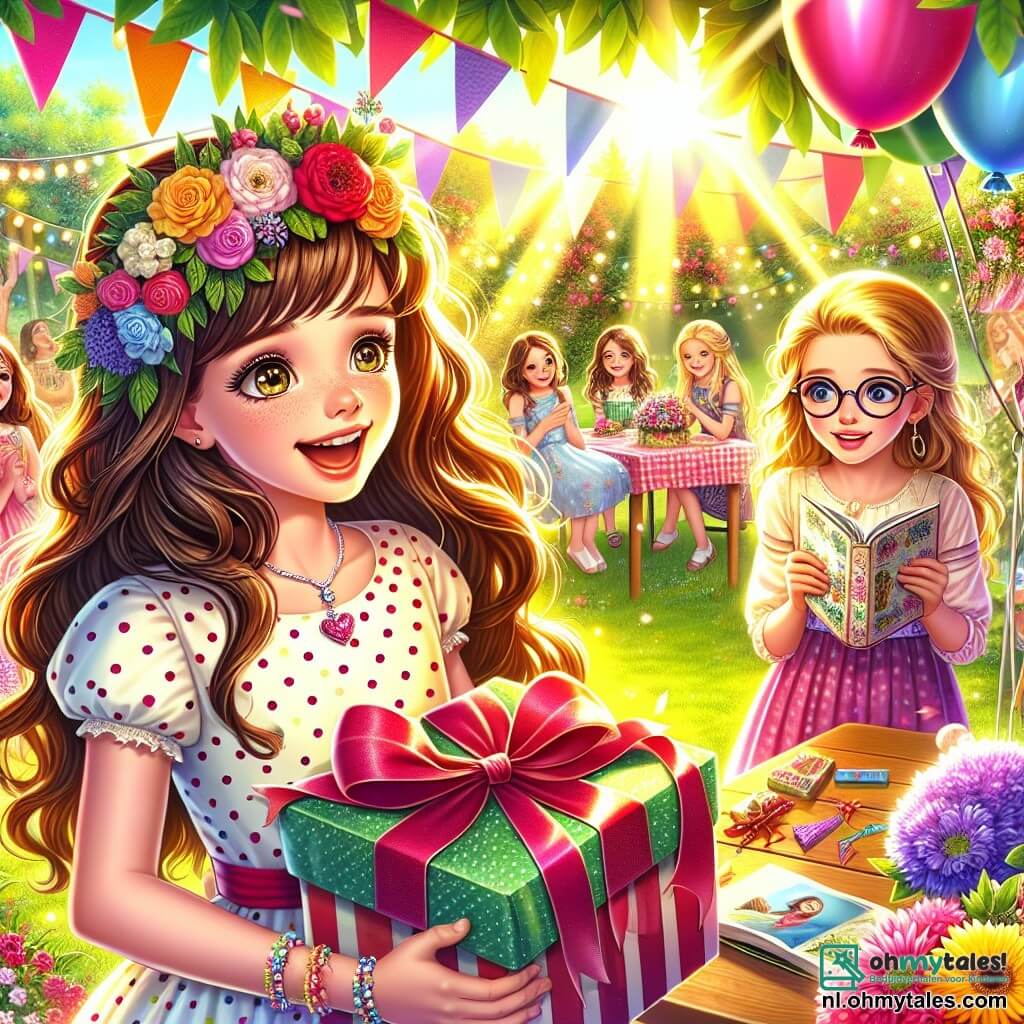 Illustratie van een buitenscène tijdens een verjaardagsfeest in een zonnige tuin, gevuld met kleurrijke bloemen en zwevende ballonnen. In het midden staat een 11-jarig meisje met lang bruin haar en sprankelende ogen, gekleed in een stippenjurk en met een stralende glimlach. Ze opent een cadeau met een uitdrukking van opwinding en bezorgdheid. Naast haar staat een ander meisje van 12 jaar met blond haar en een bril, dat nieuwsgierig kijkt terwijl ze een boek vol herinneringen vasthoudt. De scène straalt een vrolijke sfeer uit, maar ook een lichte spanning, alsof er een geheim op het punt staat onthuld te worden. Op de achtergrond lachen en spelen vrienden, terwijl felgekleurde slingers in de wind wapperen en een feestelijke sfeer toevoegen.