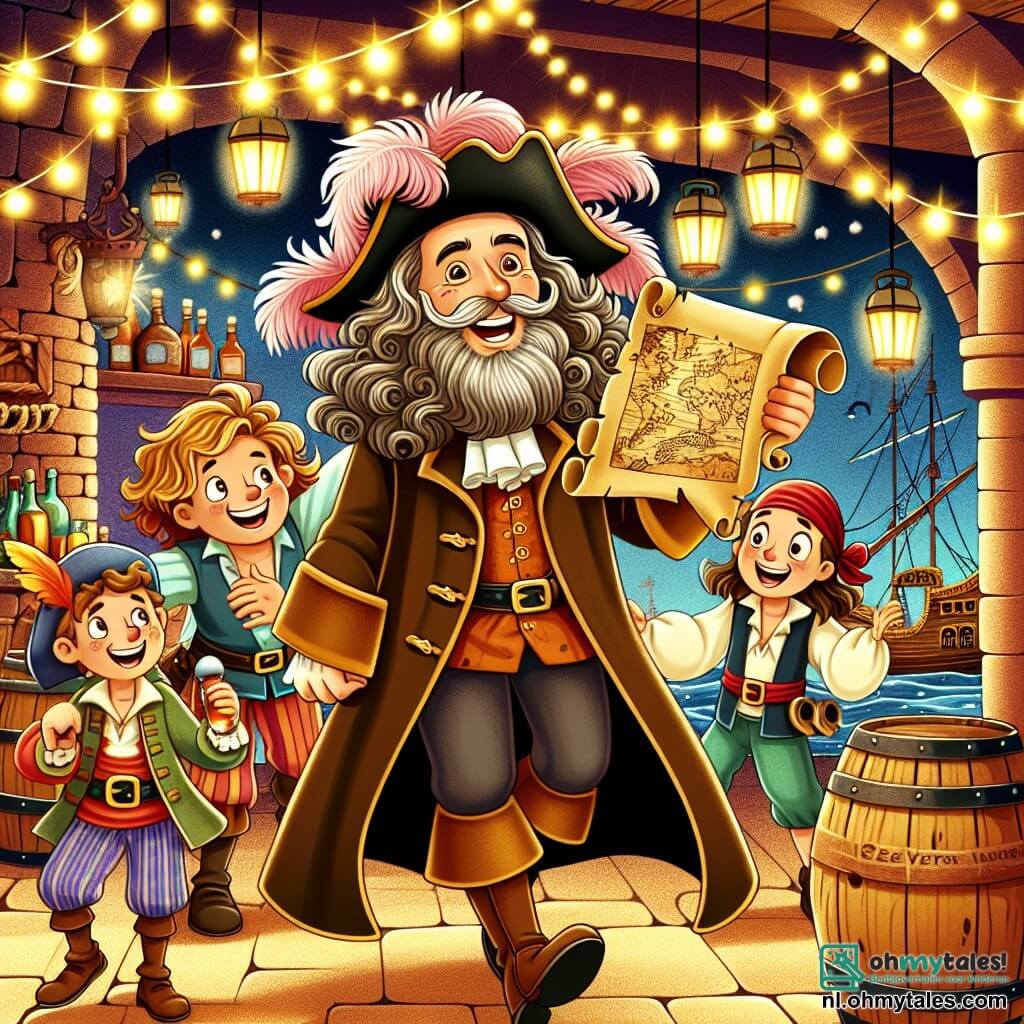Une illustration sous forme de dessin destinée aux enfants représentant une scène vibrante dans la taverne "De Zoute Haring" à Zeeburg, avec un homme au long manteau bleu, des cheveux ondulés et une barbe soignée, brandissant une vieille carte au trésor avec enthousiasme, entouré de plusieurs pirates aux visages joyeux, l'un avec un chapeau à plumes et l'autre avec un bandana rouge, tous riant et se préparant pour une aventure palpitante à la recherche de trésors perdus, tandis qu'en arrière-plan, des tonneaux de rhum et des lanternes scintillantes ajoutent une atmosphère chaleureuse et animée à ce moment de camaraderie et d'excitation.