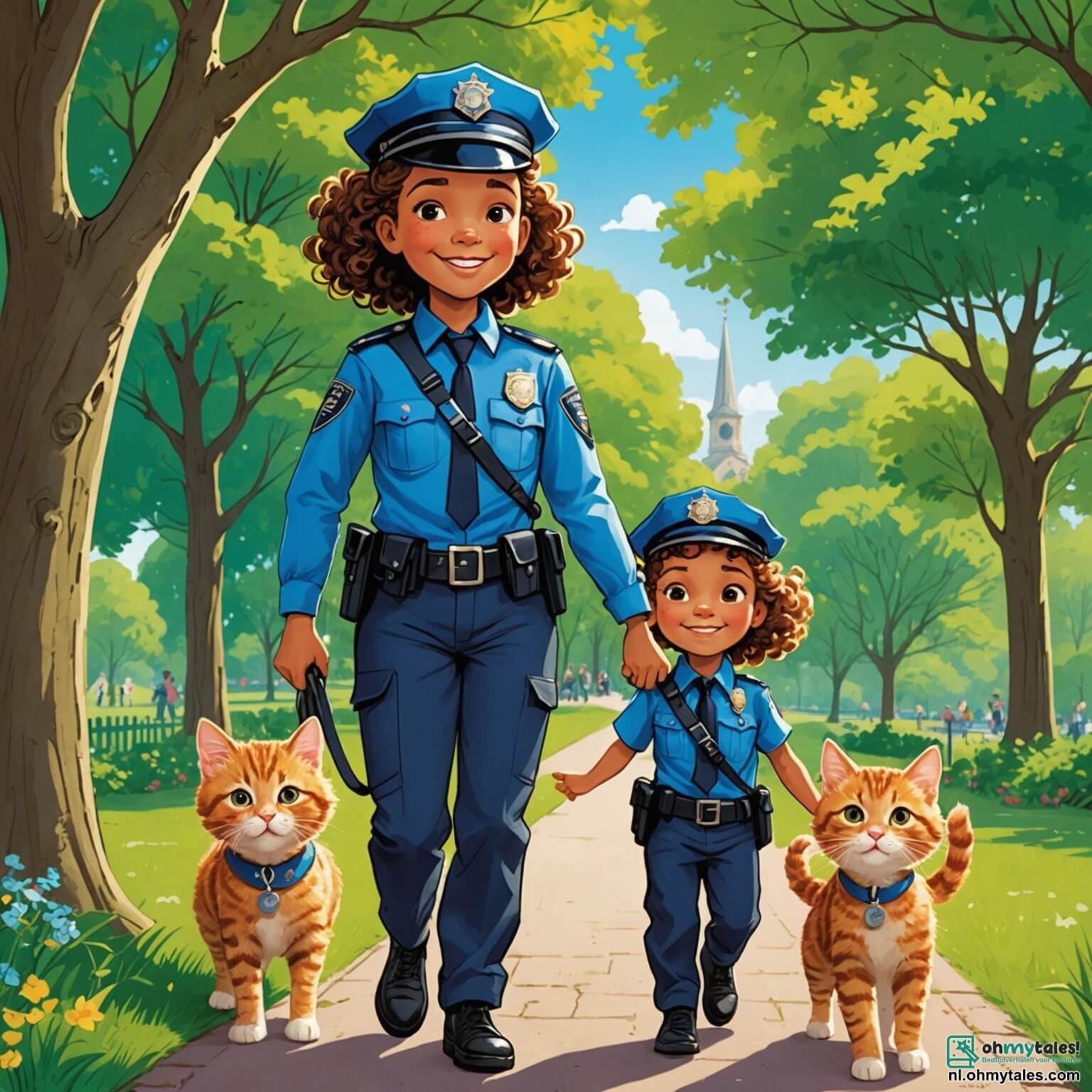 Une illustration destinée aux enfants représentant une courageuse policière au sourire chaleureux, vêtue de son uniforme bleu éclatant et de sa grande badge scintillante, se tenant fièrement dans un parc verdoyant où les arbres majestueux dansent doucement sous la brise, entourée de deux enfants joyeux, un garçon aux cheveux bouclés et une fille aux tresses, qui s'amusent à jouer tout en apprenant les règles de sécurité, alors qu'un petit chaton, coincé dans une branche, appelle à l'aide, créant une atmosphère d'aventure et de camaraderie au cœur de ce lieu ensoleillé et coloré.
