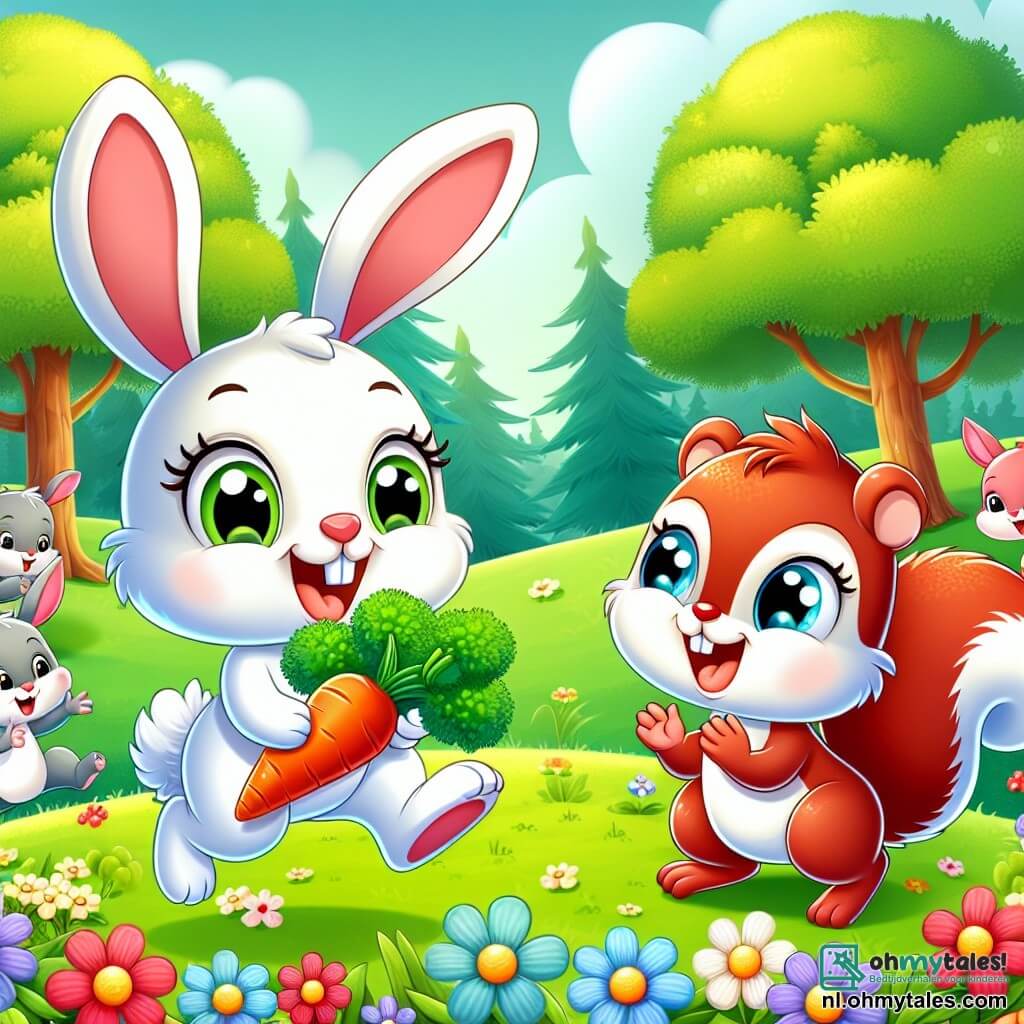 Une illustration sous forme de dessin destinée aux enfants représentant un champ verdoyant parsemé de fleurs colorées, où un adorable lapin blanc aux grandes oreilles et aux yeux pétillants, couvert de carottes, s'amuse à sauter joyeusement dans les airs, tandis qu'une petite écureuil rousse aux yeux brillants applaudit et rit à ses côtés, le tout dans une ambiance festive et enjouée, avec des animaux du bois qui regardent et sourient, célébrant la joie de l'amitié et des aventures amusantes.