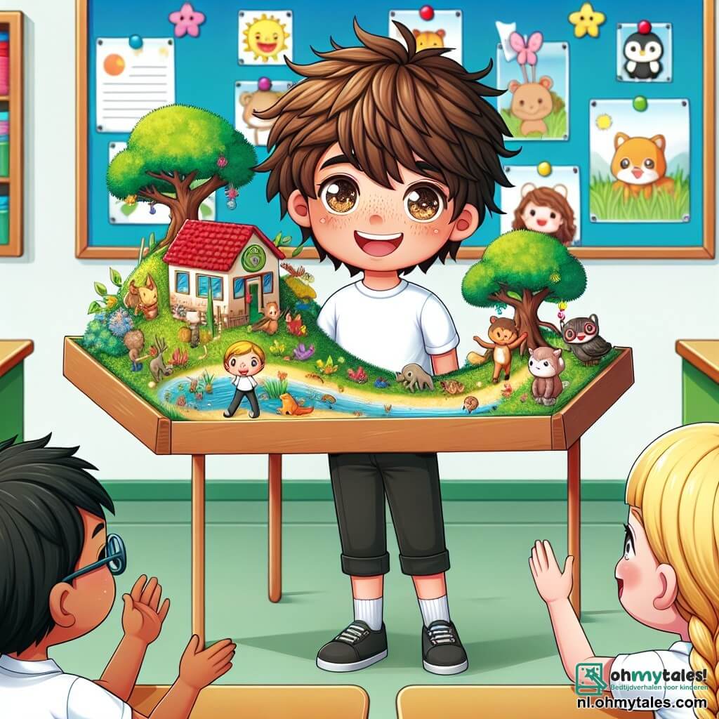 Une illustration sous forme de dessin destinée aux enfants représentant une salle de classe lumineuse avec des murs décorés de dessins d'enfants, où un garçon de 11 ans aux cheveux bruns ébouriffés et aux yeux pétillants se tient debout devant ses camarades, un sourire timide sur le visage, tandis que ses amis, une fille aux cheveux blonds tressés et un garçon aux lunettes et aux cheveux noirs, l'encouragent avec des gestes enthousiastes, capturant le moment où il prend confiance en lui pour présenter son projet sur la nature, entouré de leur diorama coloré représentant un mini-bosquet rempli d'animaux et de plantes.
