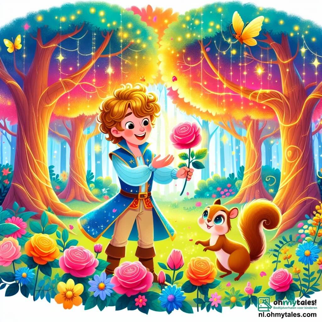 Une illustration sous forme de dessin destinée aux enfants représentant un magnifique et coloré forêt enchantée, avec de grands arbres aux feuilles brillantes et des fleurs éclatantes, où un prince aux cheveux bouclés et dorés, vêtu d'une tunique bleue et d'un pantalon beige, se tient joyeusement en train de cueillir des roses magiques, tandis qu'une petite eekhoorn aux yeux pétillants et à la fourrure brune l'observe avec curiosité, illustrant le moment où le prince, plein de détermination, s'apprête à accomplir sa quête pour offrir les plus belles fleurs à la princesse du royaume voisin.