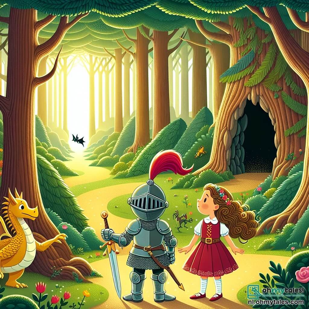 Une illustration sous forme de dessin destinée aux enfants représentant une vaste forêt verdoyante avec des arbres majestueux et des rayons de soleil filtrant à travers le feuillage, au premier plan un chevalier courageux en armure brillante, avec un casque orné d'un plumet coloré, tenant une épée scintillante, et à ses côtés une jeune fille audacieuse aux cheveux longs et bouclés, vêtue d'une robe rouge, qui pointe du doigt une mystérieuse grotte sombre, tandis qu'un dragon amical aux écailles dorées les observe avec un sourire, illustrant leur quête pour trouver un objet magique et surmonter les défis ensemble.