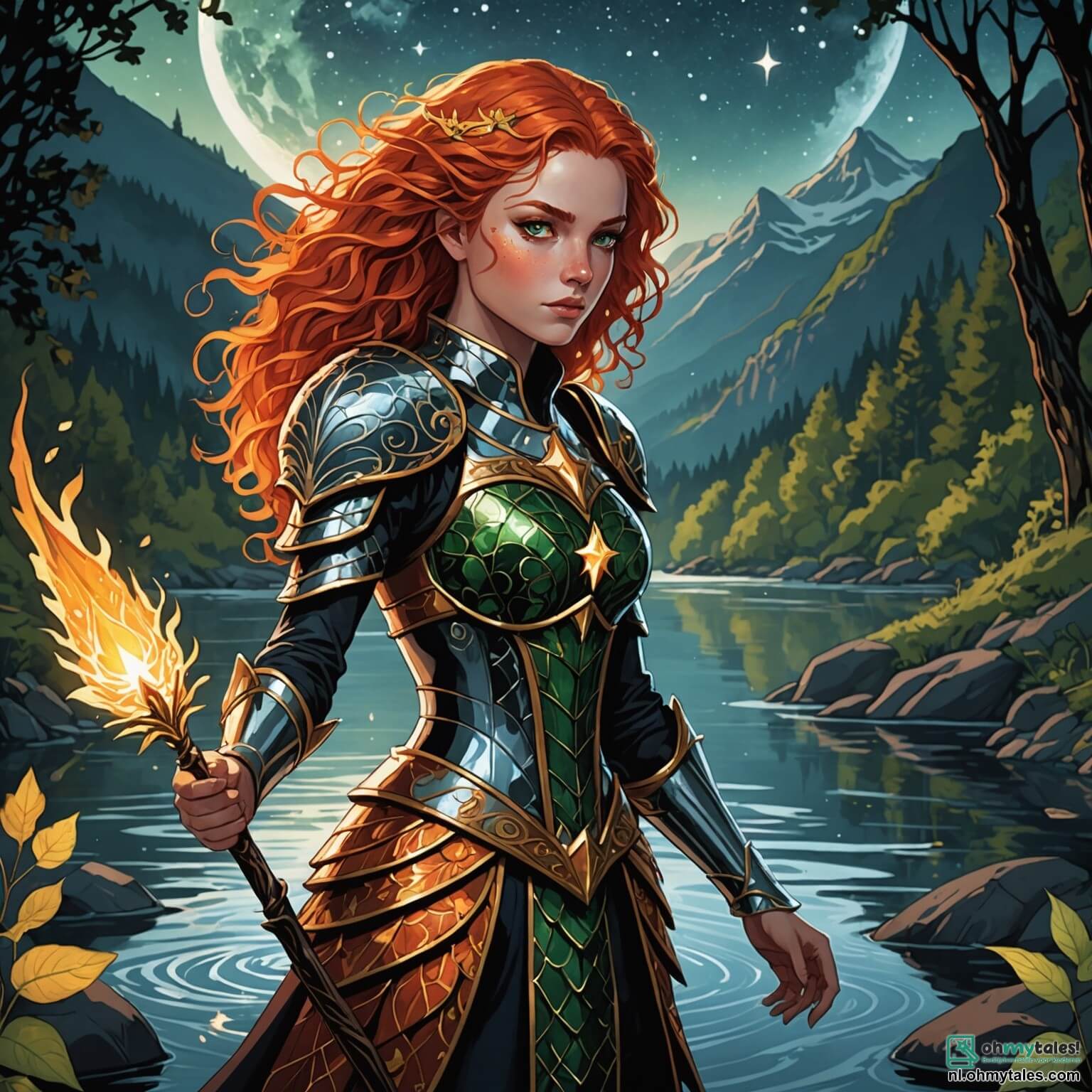 Une illustration destinée aux enfants représentant une jeune femme intrépide aux cheveux de feu flamboyant, vêtue d'une armure étincelante ornée de motifs de feuilles et de vagues, se tenant fièrement au bord d'une rivière scintillante où les reflets des étoiles dansent sur l'eau, tandis qu'elle se prépare à affronter une sorcière maléfique aux yeux d'onyx et à la silhouette ténébreuse, dans un royaume enchanteur de forêts luxuriantes et de montagnes majestueuses, où des créatures fantastiques comme des licornes argentées et des griffons majestueux peuplent les cieux, et où un sage vieux druide, avec sa longue barbe blanche et son bâton de chêne, l'observe depuis l'ombre d'un chêne millénaire, prêt à lui offrir des conseils précieux dans sa quête pour sauver son monde de l'obscurité.