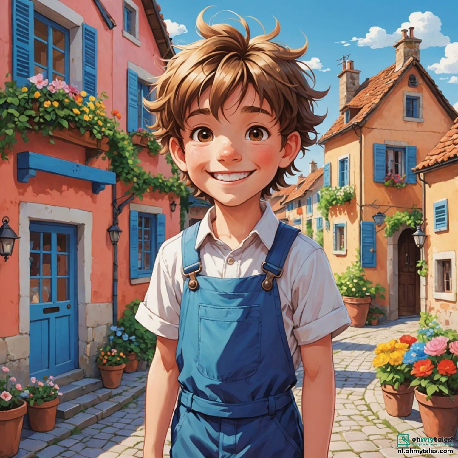 Une illustration destinée aux enfants représentant un garçon pétillant de joie, aux cheveux ébouriffés et au sourire éclatant, qui, dans un petit village ensoleillé où les maisons colorées aux volets bleus et aux jardins fleuris s'alignent le long des ruelles pavées, se prépare avec enthousiasme à célébrer la Saint-Valentin en confectionnant des cartes et des cupcakes pour ses deux meilleures amies, une fille pleine de vie aux couettes rebondissantes et un garçon espiègle avec des lunettes, tous réunis dans la chaleureuse cuisine de sa maison, où l'odeur sucrée des gâteaux fraîchement cuits embaume l'air et où des cœurs en papier décorent les murs, créant une atmosphère magique et joyeuse.