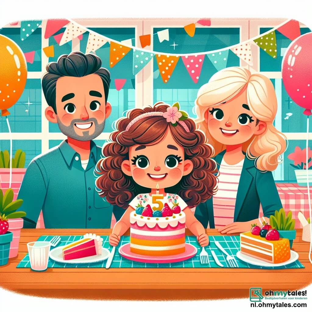 Une illustration sous forme de dessin destinée aux enfants représentant une scène lumineuse et joyeuse dans une salle à manger colorée, où une petite fille de 5 ans aux cheveux bouclés et brillants, portant une robe à fleurs, sourit en tenant une part de gâteau d'anniversaire, tandis que ses parents, un homme et une femme aux visages souriants et détendus, se tiennent à ses côtés, montrant leur amour et leur soutien, le tout entouré de ballons colorés et de décorations festives, symbolisant la joie et l'unité familiale malgré les défis.