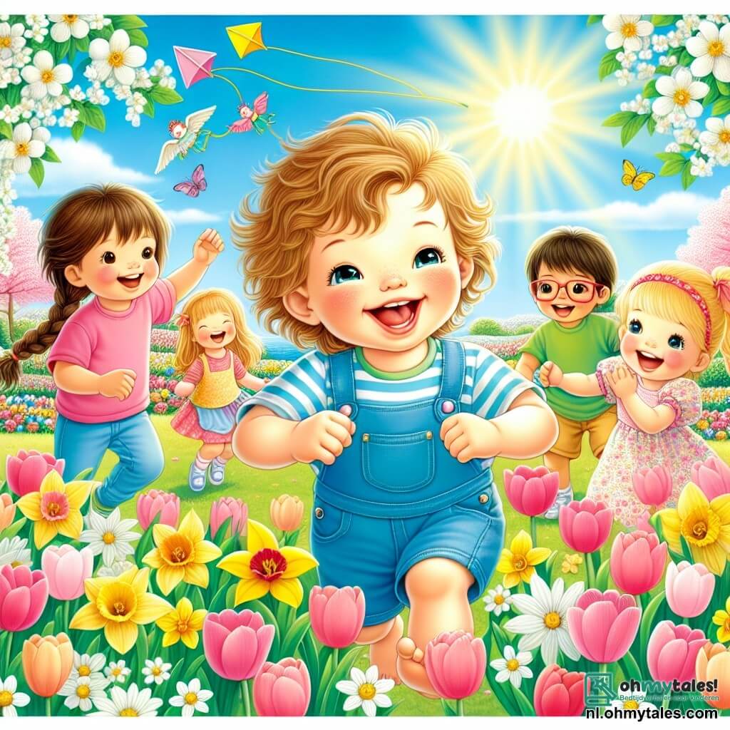 Illustratie van een zonnig lentepark, vol kleurrijke bloemen: roze tulpen, gele narcissen en witte madeliefjes die zachtjes dansen in de bries. In het midden een 1-jarig jongetje met krullend blond haar en sprankelende ogen, die vrolijk glimlacht terwijl hij naar een groep kinderen rent. Hij draagt een blauwe overall en een gestreept t-shirt, zijn kleine handen zijn uitgestrekt naar de bloemen die hij bewondert. Naast hem een groep van drie kinderen: een 4-jarig meisje met lange, gevlochten bruin haar in een roze jurk, die lacht terwijl ze een bal gooit; een 3-jarig jongetje met kort kastanjebruin haar in een groene t-shirt, dat zich voorbereidt om een mooie vlieger te laten vliegen; en een andere 5-jarige jongen met een bril en een rode t-shirt, die de anderen aanmoedigt om samen te spelen. De scène vangt de opwinding van de lente, met vogels die zingen in de bomen en een mooie gouden licht dat het park verlicht. Kleurrijke vlinders vliegen rond de kinderen en voegen een magische toets toe aan dit blije moment van spel en ontdekking.