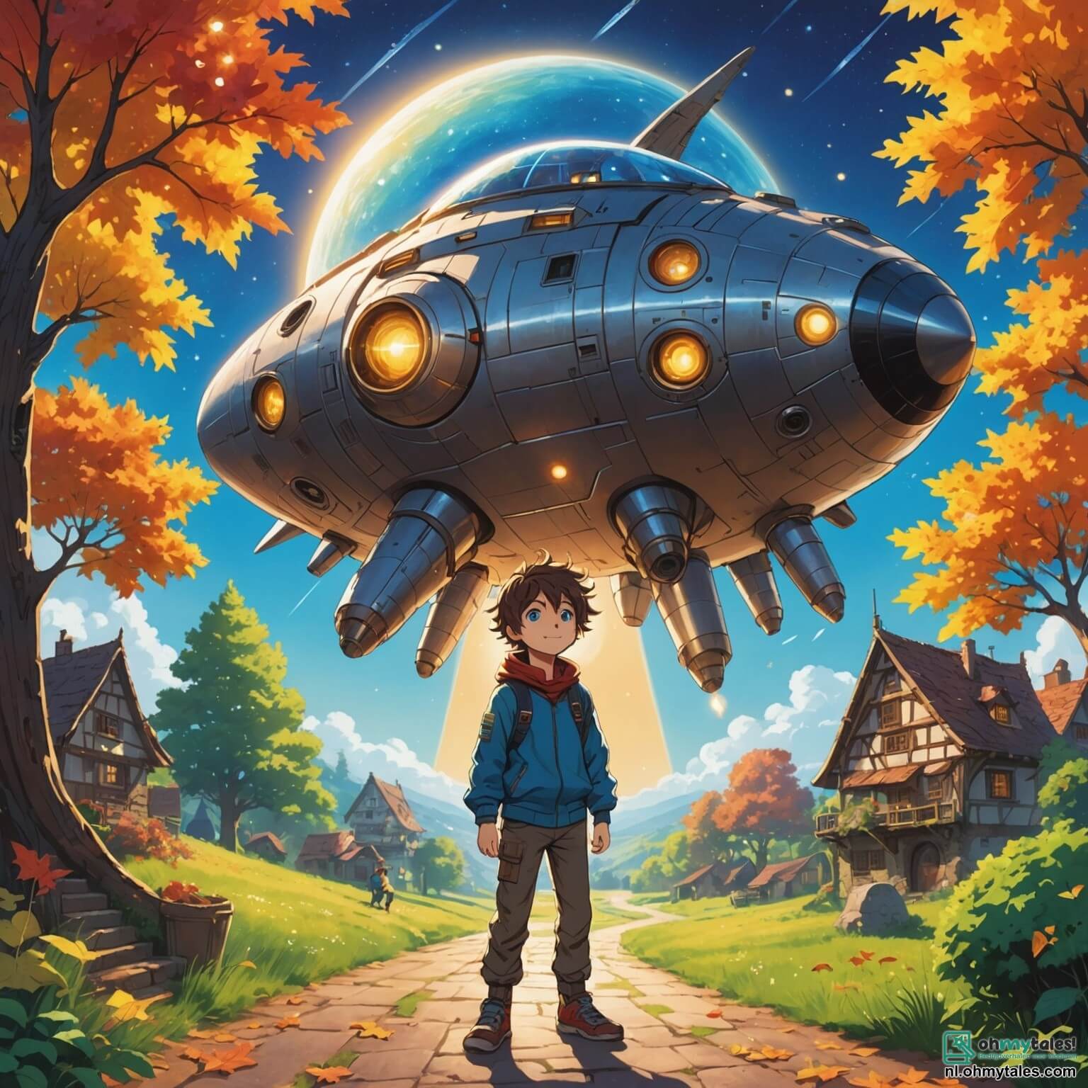 Une illustration destinée aux enfants représentant un garçon aux cheveux en bataille, aux yeux pétillants de curiosité, se tenant devant un mystérieux vaisseau spatial scintillant sous le soleil d'un matin radieux, tandis qu'il s'apprête à embarquer pour une aventure incroyable à travers des mondes fantastiques, accompagné de son meilleur ami, un garçon au sourire contagieux, dans un village enchanteur où les arbres aux feuilles multicolores dansent au rythme d'une douce mélodie, et où des créatures magiques aux formes étranges et aux couleurs éclatantes peuplent un paysage de rêve, rempli de fleurs chantantes et de rivières étincelantes, tout en cherchant à récupérer une pierre précieuse volée par un monstre d'ombre qui se cache dans une grotte sombre et menaçante.