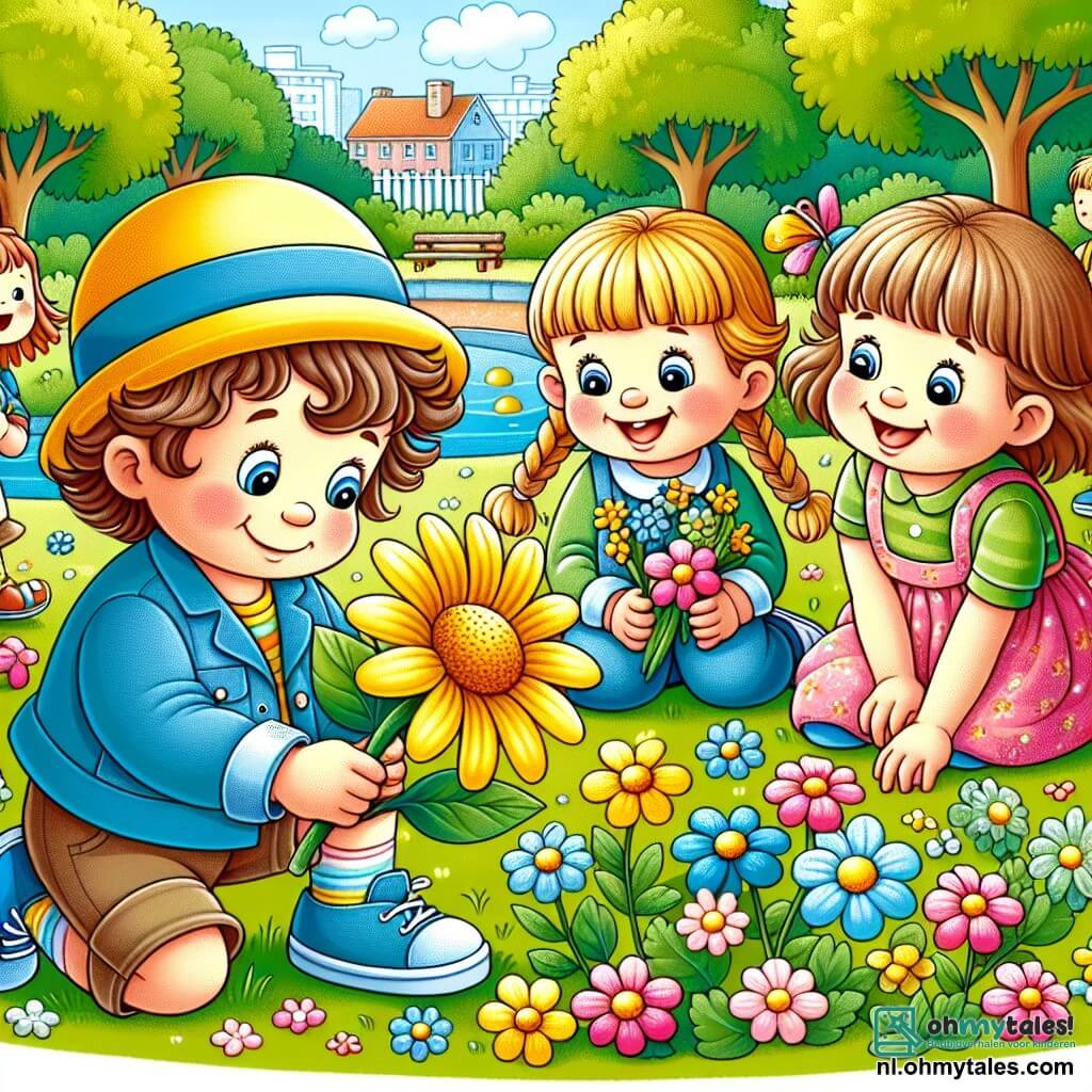 Une illustration sous forme de dessin destinée aux enfants représentant un parc en pleine floraison au printemps, avec un garçon de 3 ans aux cheveux châtains bouclés, portant une petite veste bleue et un chapeau jaune, qui s'agenouille pour admirer une grande fleur jaune, tandis qu'à ses côtés, deux enfants, une fille aux cheveux longs et blonds en tresse portant une robe rose, et un garçon aux cheveux bruns courts en t-shirt vert, rient et tiennent des fleurs colorées, capturant l'esprit joyeux d'une journée de jeux et d'exploration en plein air.