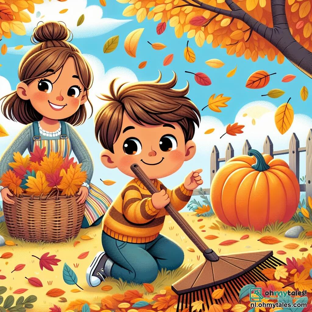 Illustratie van een zonnige herfsttuin, waar de bomen versierd zijn met gouden, oranje en rode bladeren die zachtjes op de grond vallen. In het midden zit een 3-jarig jongetje met grote nieuwsgierige ogen en rommelig kastanjebruin haar, lachend terwijl hij met een grote houten hark in de bladeren harkt. Naast hem staat een vrouw van rond de dertig met bruin haar in een knot en een kleurrijke trui, die glimlacht terwijl ze hem observeert en een grote oranje pompoen onder haar arm houdt. De scène straalt een vrolijke en warme sfeer uit, met bladeren die om hen heen dwarrelen en een heldere blauwe lucht op de achtergrond. Een rieten mand vol kleurrijke bladeren en een grote pompoen liggen op de grond, wat de magie van de herfst versterkt.