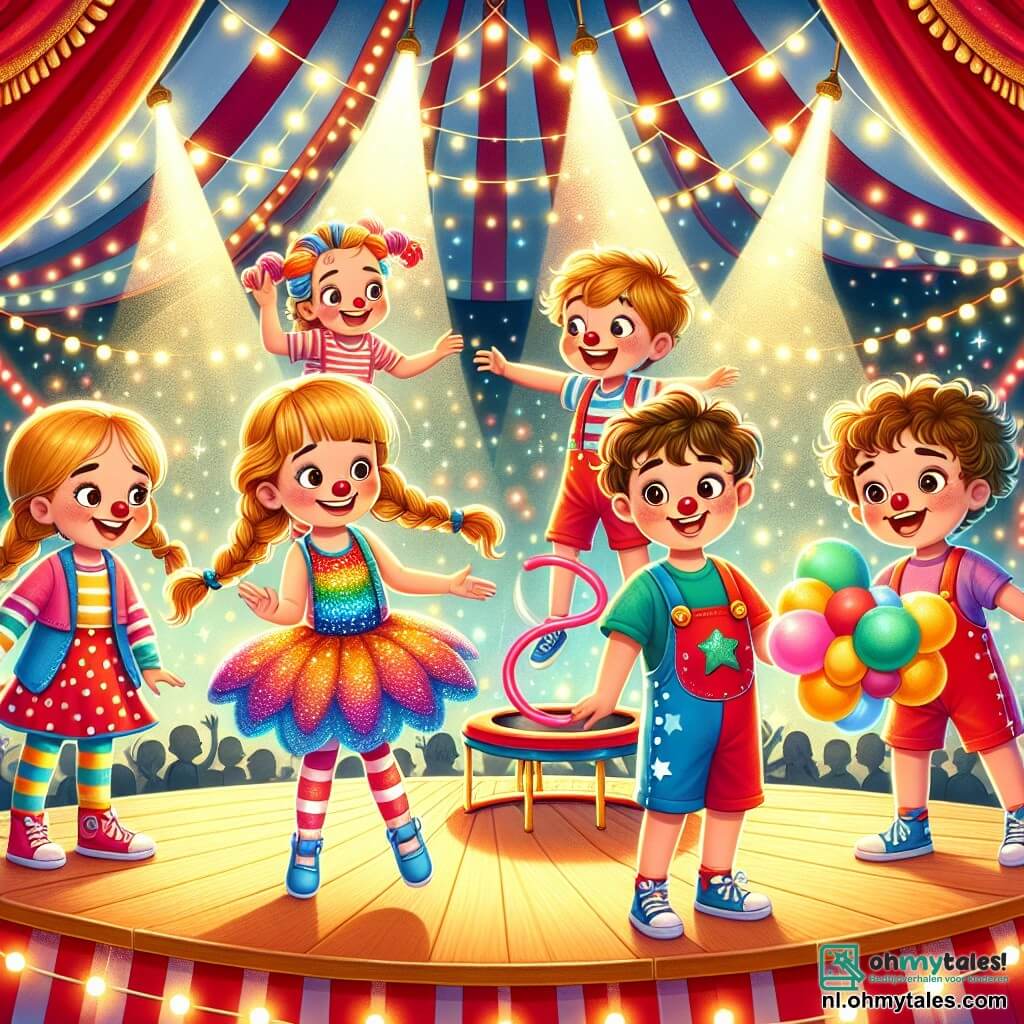 Illustratie van een levendige scène binnenin een grote kleurrijke circustent met rode en witte strepen, verlicht door fonkelende lichten. In het midden staat een groep van vier kinderen, twee meisjes en twee jongens, op een houten podium. Het eerste meisje, ongeveer 8 jaar oud, heeft lange vlechten van blond haar en draagt een kleurrijke clownskostuum met multikleurige stippen. Ze glimlacht vrolijk en houdt een grote ballonnenbol vast. De tweede jongen, ook 8 jaar, heeft rommelig bruin haar en draagt een rode t-shirt met een blauwe short. Hij maakt een acrobatische sprong op een trampoline, blij kijkend. Het tweede meisje, ongeveer 7 jaar, heeft krullend kastanjebruin haar en draagt een jurk met glitters. Ze is bezig een hond van ballonnen te maken, geconcentreerd en vol enthousiasme. Ten slotte heeft de laatste jongen, 9 jaar oud, ronde bril en een ondeugende glimlach, hij houdt een grote toverstok vast, klaar om de ballonnen te laten verdwijnen. Op de achtergrond applaudisseren verwonderde toeschouwers terwijl kleurrijke confetti uit de lucht valt, wat een feestelijke sfeer aan deze magische scène toevoegt.