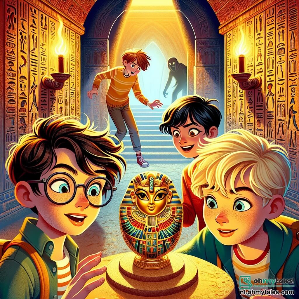 Illustratie van een fascinerende scène in een grote geheime kamer in een Egyptische piramide. De muren zijn versierd met kleurrijke en glinsterende hiërogliefen, verlicht door het gouden licht van een hangende fakkel, die dansende schaduwen op de zandvloer werpt. In het midden staat een stenen sokkel met een prachtige gouden scarabee, ingelegd met edelstenen, die intens schittert. Vier jongens van ongeveer 12 jaar staan rondom de sokkel. Een van hen, met rommelig bruin haar en een bril, kijkt met verwondering naar de scarabee, zijn mond iets open. Een andere jongen, met blond haar en sprankelende ogen, lijkt klaar om het artefact te grijpen, zijn gezicht vol opwinding. De derde, met zwart haar en een ondeugende glimlach, kijkt bezorgd naar een donkere deur, alsof hij bang is om betrapt te worden. Ten slotte houdt de laatste jongen, met rood haar en sproeten, een fakkel vast die de scène met een warme gloed verlicht. Op de achtergrond tekent zich een dreigende schaduw af bij de ingang van de kamer, wat de aanstaande komst van bewakers suggereert. De sfeer is zowel magisch als gespannen, en vangt het moment waarop de jonge avonturiers snel moeten handelen om het artefact te redden en de geschiedenis te beschermen.