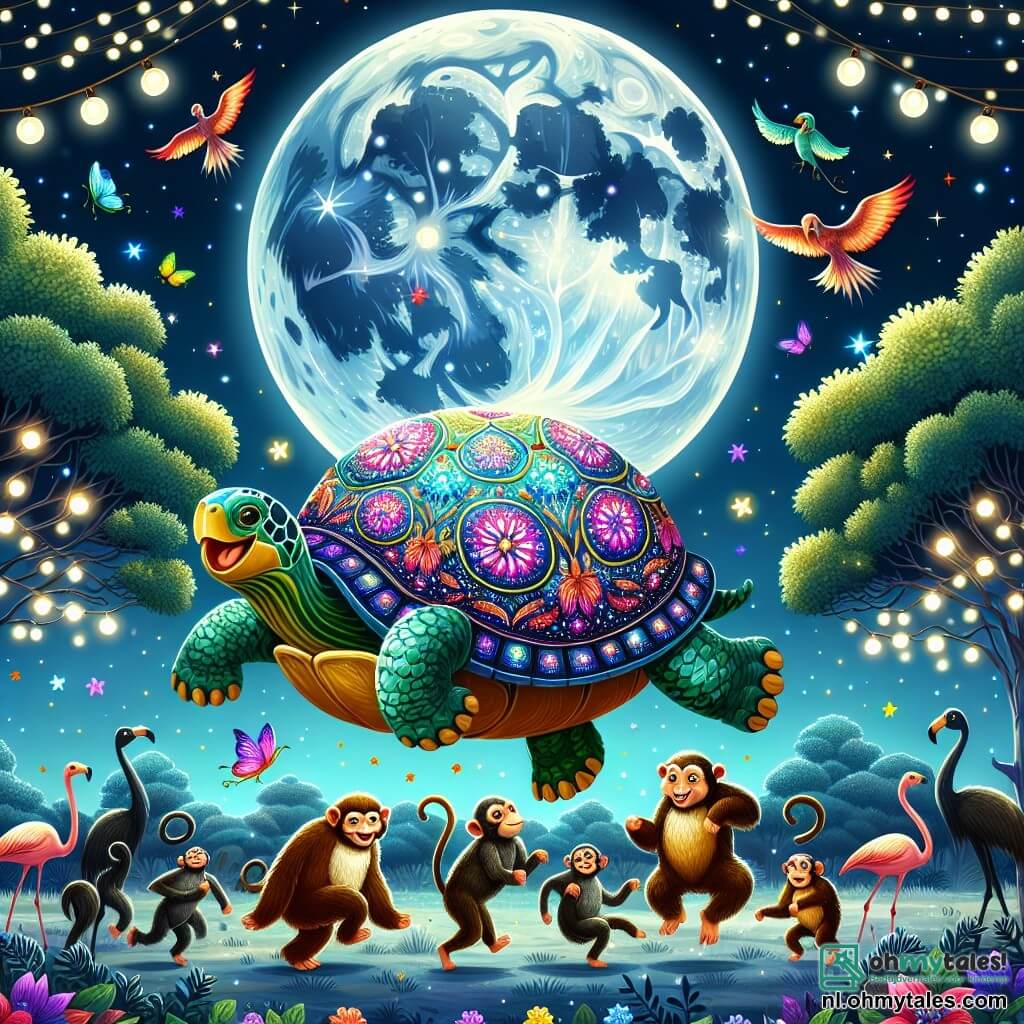 Illustratie van een magische nachtelijke scène in een dierenpark. De maan straalt hoog aan de hemel en verlicht de dierenverblijven met zilverachtig licht, terwijl bomen met glinsterende bladeren eromheen staan en een mysterieuze sfeer creëren. In het midden danst een grote, kleurrijke schildpad met een schild versierd met schitterende patronen vrolijk op zijn poten, zijn ogen sprankelend van ondeugd en opwinding. Om haar heen bewegen ondeugende apen met lachende gezichten en bruin-gouden vachten, springen en maken grimasjes, terwijl elegante roze flamingo's op één poot balanceren en een vleugje gratie aan de scène toevoegen. De schildpad, met een grote glimlach, lijkt haar vrienden mee te slepen in een uitzinnige dans, terwijl kleurrijke confetti door de lucht zweeft en een feestelijke sfeer creëert. Op de achtergrond voegen glinsterende lichten en bloemenkransen een vleugje magie toe aan het nachtfeest, terwijl silhouetten van andere nieuwsgierige dieren in de schaduw verschijnen en met belangstelling deze vrolijke viering observeren.