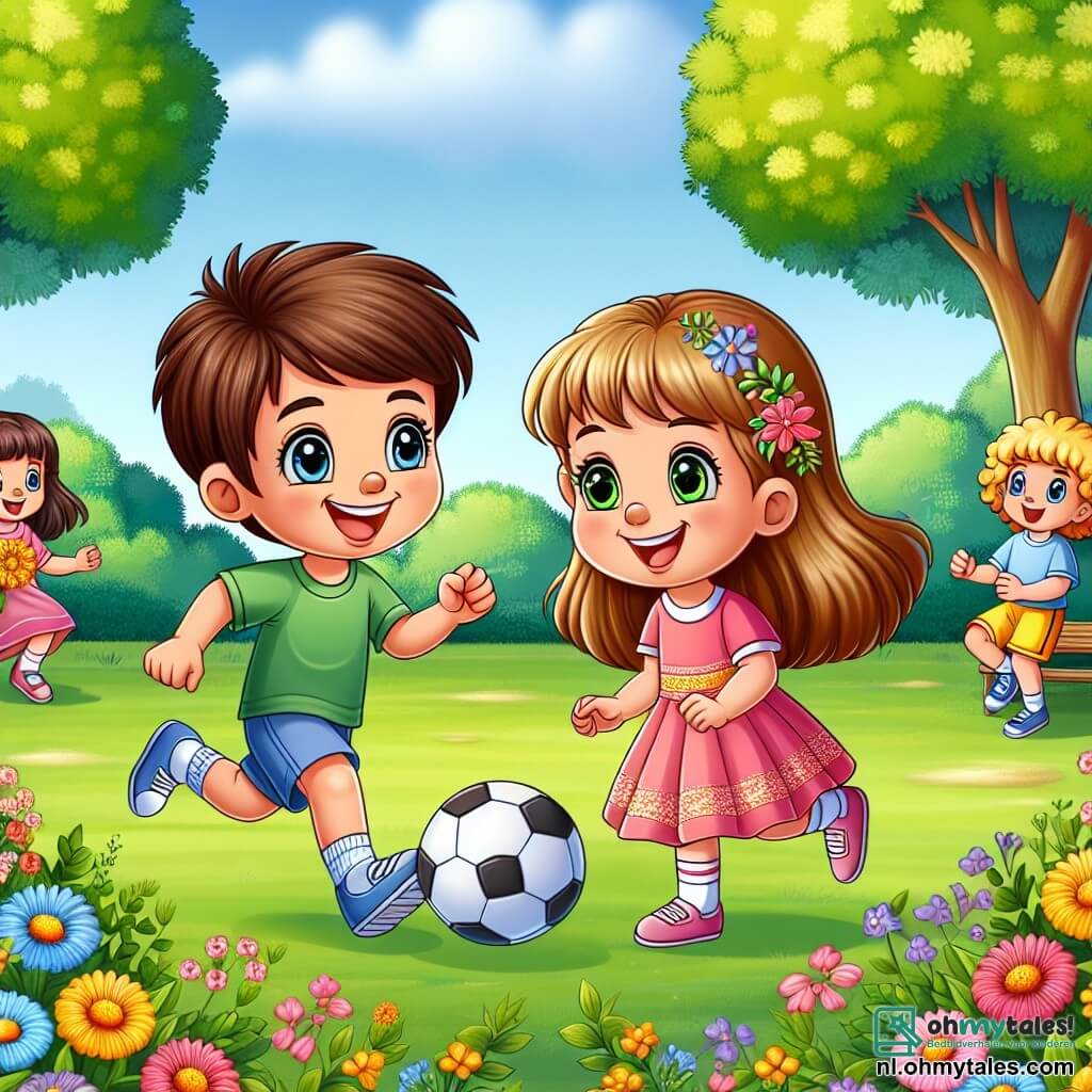Une illustration sous forme de dessin destinée aux enfants représentant un parc ensoleillé avec des arbres verdoyants et des fleurs colorées, où un garçon de 7 ans aux cheveux châtains et aux yeux pétillants, souriant et vêtu d'un t-shirt bleu, est en train de jouer au football avec une fille de 7 ans aux cheveux longs et blonds, portant une robe rose, tandis qu'une autre fille de 7 ans aux cheveux bruns et bouclés, habillée d'un short et d'un t-shirt jaune, les encourage joyeusement, illustrant ainsi l'esprit d'amitié et d'égalité entre les genres à travers leur jeu collectif.