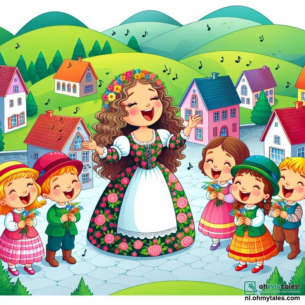 Une illustration sous forme de dessin destinée aux enfants représentant un charmant village coloré entouré de collines verdoyantes, avec une femme joyeuse aux cheveux longs et bouclés, vêtue d'une robe fleurie, chantant avec enthousiasme au milieu d'un groupe d'enfants aux visages rayonnants, certains avec des chapeaux colorés, qui dansent et applaudissent tout en tenant des fleurs dans leurs mains, illustrant la magie de la musique et la joie de chanter ensemble.