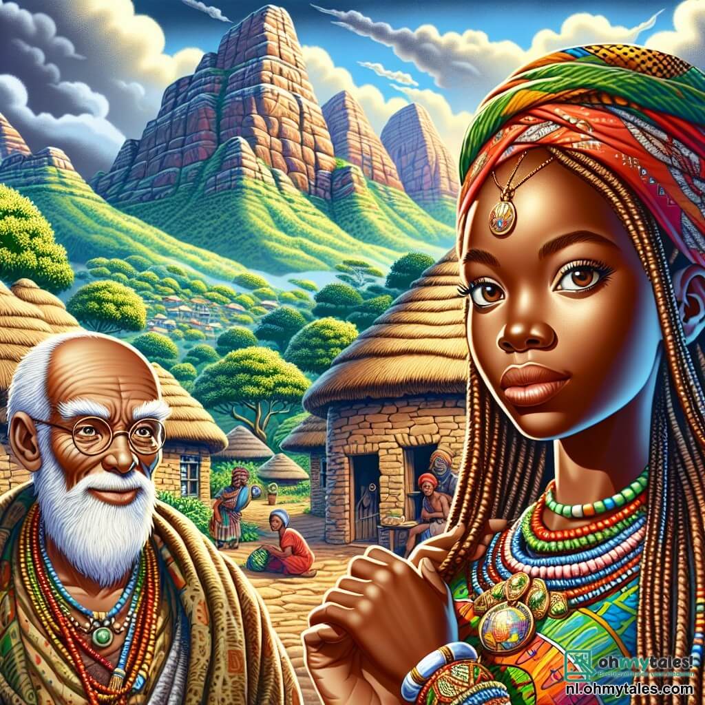 Une illustration sous forme de dessin destinée aux enfants représentant un village africain vibrant de couleurs, avec des maisons en terre cuite entourées de verdure luxuriante, au centre une jeune femme aux cheveux tressés et à la peau d'un brun éclatant, vêtue d'une robe traditionnelle colorée, qui tient un amulet dans ses mains tout en regardant avec détermination vers la majestueuse Zwarte Berg en arrière-plan, tandis qu'un vieux sage à la barbe blanche et aux yeux pétillants, vêtu de vêtements usés, l'observe avec bienveillance, symbolisant la quête de sagesse et de courage de la jeune femme face aux défis magiques qui l'attendent.