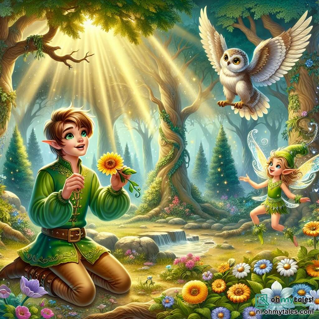 Une illustration sous forme de dessin destinée aux enfants représentant une clairière enchantée au cœur d'une forêt magique, où un jeune homme aux cheveux châtains et aux yeux pétillants, vêtu d'une tunique verte, est à genoux en train de chanter pour faire renaître des fleurs colorées, tandis qu'une petite elfe aux ailes scintillantes et aux cheveux dorés, souriante et pleine d'énergie, danse autour de lui, et une ancienne uil aux plumes argentées les observe avec sagesse, le tout baigné dans une lumière dorée filtrant à travers les arbres majestueux, symbolisant la magie de la nature qui reprend vie.