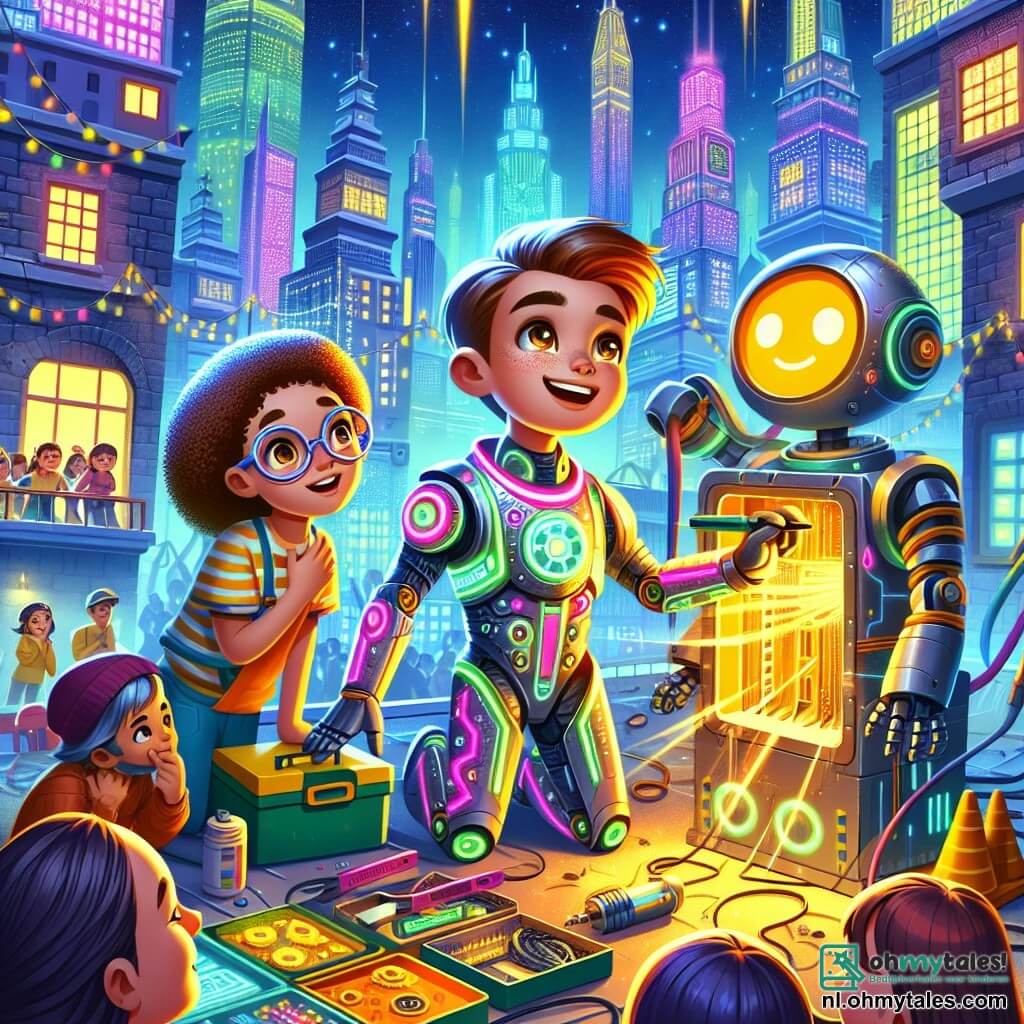 Une illustration sous forme de dessin destinée aux enfants représentant une scène vibrante de Neonstad, une ville futuriste aux bâtiments scintillants et aux jardins suspendus, où un garçon de 11 ans aux cheveux bruns et aux yeux pétillants, vêtu d'une combinaison technologique colorée, travaille avec enthousiasme aux côtés de sa meilleure amie, une fille aux cheveux bouclés et aux lunettes, alors qu'ils réparent une grande génératrice avec l'aide d'un robot aux yeux lumineux, tous trois entourés de résidents curieux admirant leur travail, illustrant l'esprit de collaboration et d'innovation pour restaurer l'énergie de leur quartier.