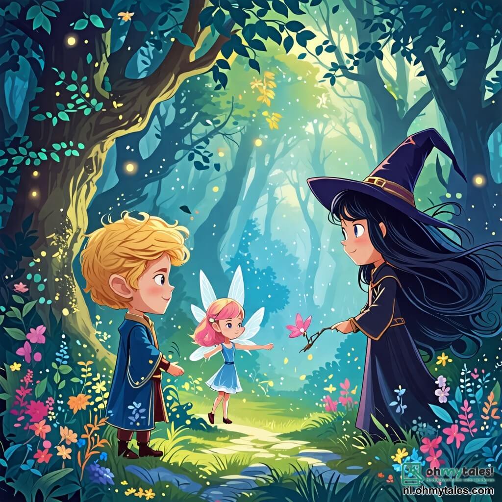 Une illustration sous forme de dessin destinée aux enfants représentant une scène magique dans une forêt enchantée, avec des arbres aux feuilles scintillantes et des fleurs colorées, où un prince courageux aux cheveux dorés et à la tunique bleue, tenant un bouquet de fleurs éclatantes, se tient face à une méchante sorcière aux longs cheveux noirs et à la robe sombre, qui l'observe avec un regard furieux, tandis qu'une petite fée aux ailes brillantes et aux cheveux roses, flottant à côté du prince, lui sourit et l'encourage à plumer la plus belle fleur du Verre Bos, symbole de leur amitié et de leur bravoure.