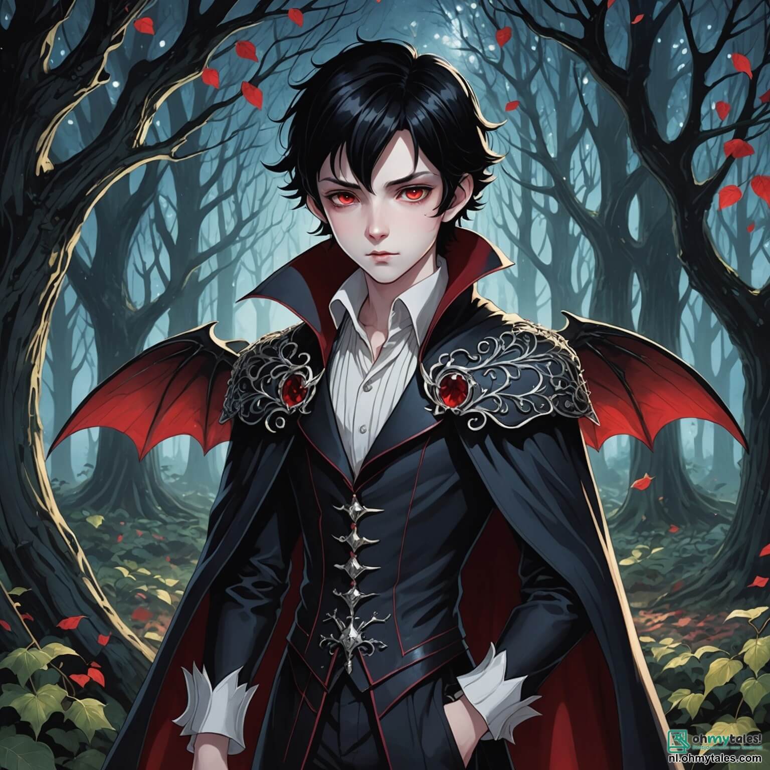 Une illustration destinée aux enfants représentant un vampire à la peau pâle et aux yeux scintillants comme des rubis, avec des cheveux noirs comme l'ébène tombant en cascade sur ses épaules, se tenant au bord d'une forêt enchantée où les arbres noueux aux feuilles argentées dansent doucement sous la brise nocturne, tandis qu'une petite fée aux ailes iridescentes, pétillante de curiosité et de malice, l'observe avec un mélange d'admiration et d'appréhension, alors qu'ils se retrouvent face à un défi mystérieux : sauver les rêves volés des habitants d'un village voisin, niché dans une vallée baignée de lumière lunaire, où les maisons en bois aux volets colorés semblent chuchoter des secrets anciens.