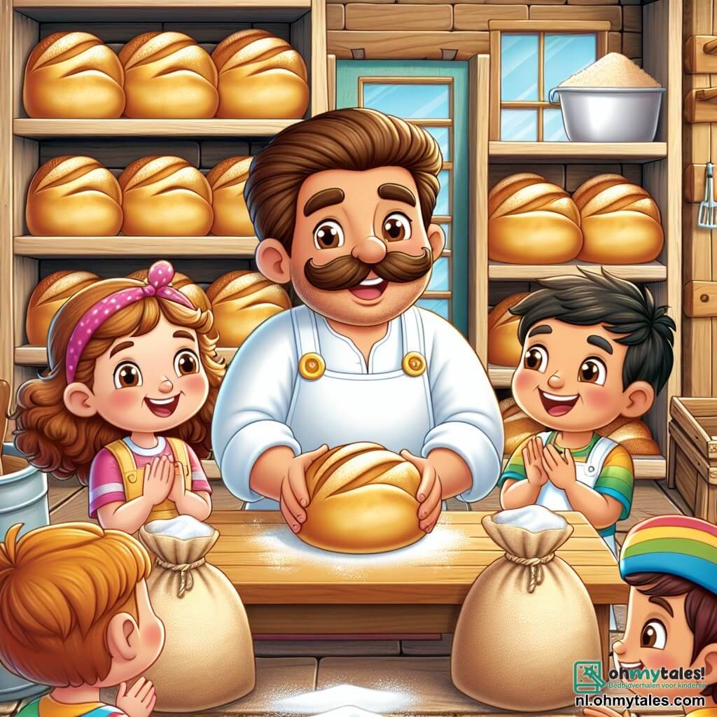 Une illustration sous forme de dessin destinée aux enfants représentant l'intérieur chaleureux d'une boulangerie avec des murs en bois et des étagères remplies de pains dorés, où un homme jovial avec une grande moustache, portant un tablier blanc légèrement farci de farine, est en train de pétrir une boule de pâte, tandis que trois enfants, une fille aux cheveux bouclés et deux garçons aux t-shirts colorés, l'observent avec émerveillement et rient, entourés de sacs de farine et d'ustensiles de cuisine, capturant l'instant magique où ils apprennent à faire du pain ensemble.