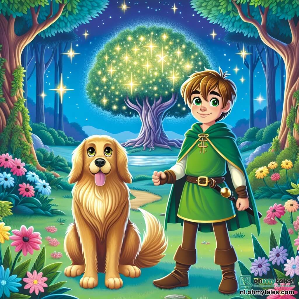 Une illustration sous forme de dessin destinée aux enfants représentant une clairière enchantée au cœur d'une forêt magique, où un jeune homme courageux aux cheveux châtains et aux yeux pétillants, vêtu d'une tunique verte, se tient devant un majestueux arbre scintillant, le célèbre Sterrenboom, tandis qu'à ses côtés, un fidèle chien aux poils dorés, aux oreilles tombantes, l'observe avec curiosité, alors qu'ils se préparent à briser la malédiction qui pèse sur leur royaume, entourés de fleurs colorées et d'étoiles brillantes dans un ciel nocturne étoilé.